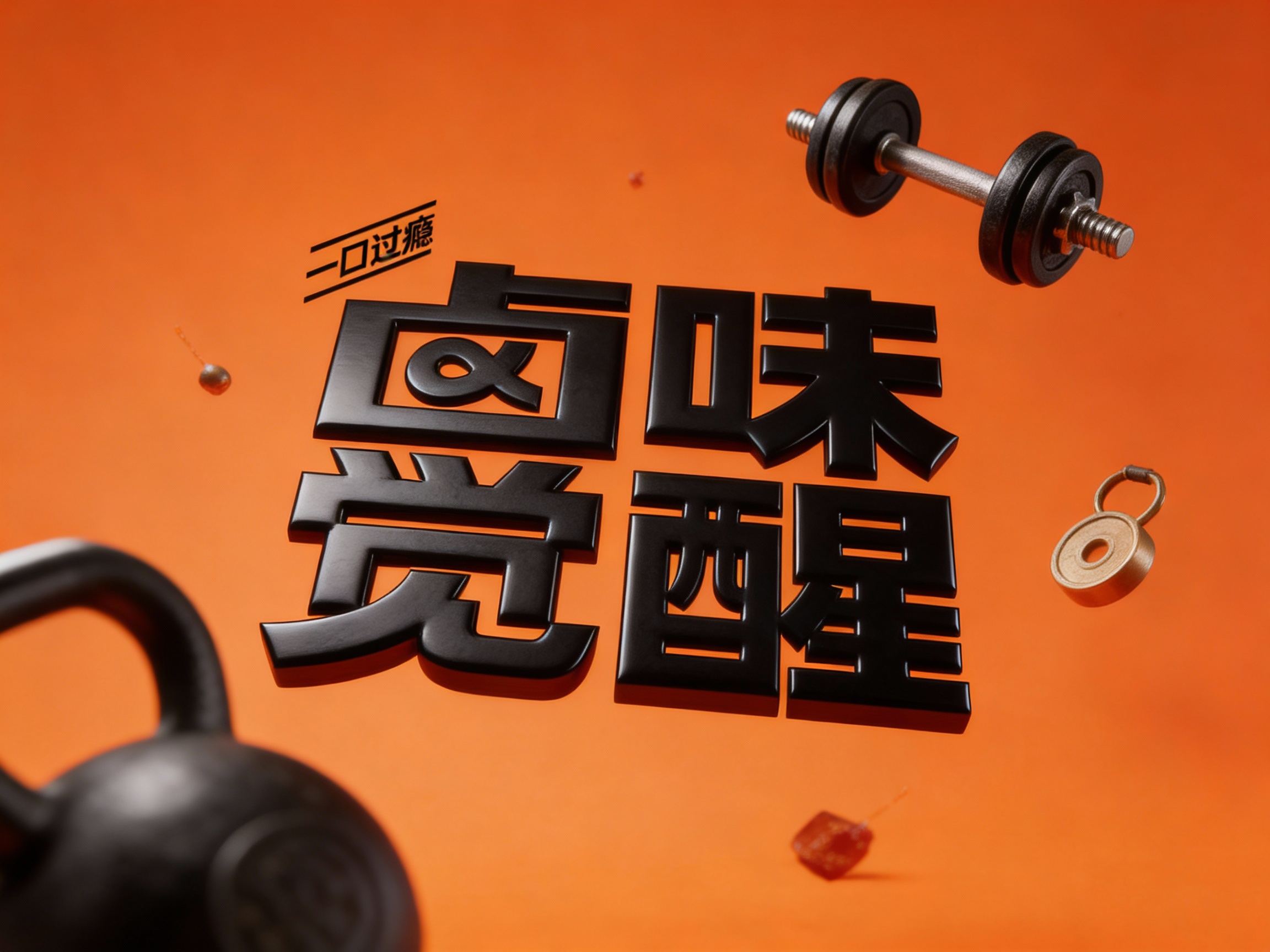 西方美学写实封面大片，非常精致的健身小器材漂在空中品牌色背景。整个画面呈现仰拍的摄影视角，将器材形状与（将参考图中的LOGO）形状完美融合呈现，仿佛在讲述一个关于活力与品质的故事。