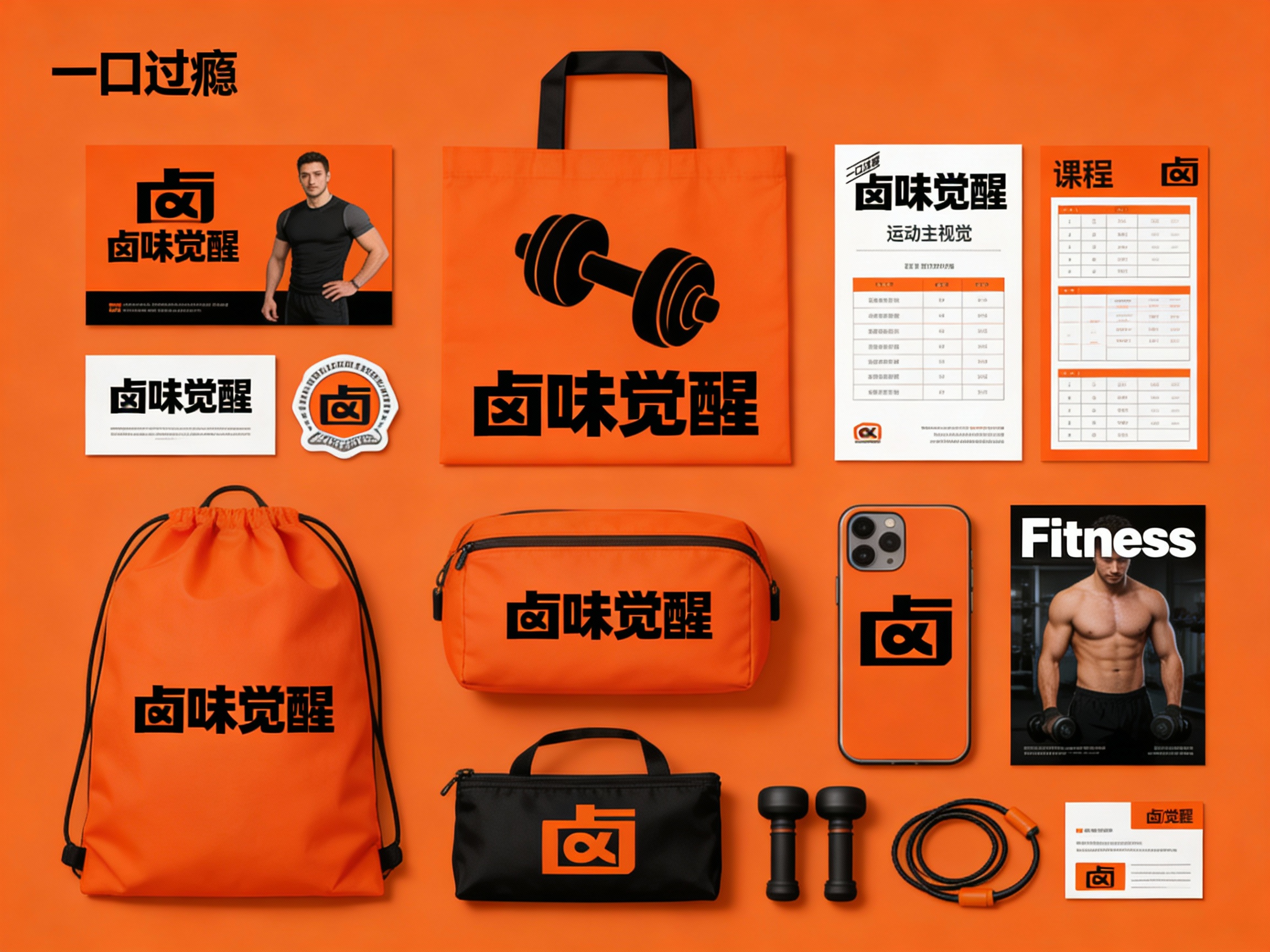 现代精致风格健身器材及用品包装展示，（将参考图中的LOGO保持一致不要出现变形）延续#橙色。画面第一排：从左到右是印有 （将参考图中的LOGO 保持一致不要出现变形） 和健身教练图案的宣传卡、小尺寸品牌标识贴纸 。​- 第二排：#橙色运动手提袋、大幅品牌主视觉卡片（哑铃图案 + 品牌LOGO（将参考图中的LOGO ）、课程表样式卡片 。​- 第三排：#橙色运动背包（印品牌名），手机壳（印品牌LOGO（将参考图中的LOGO ） ）。​- 第四排： “Fitness” 宣传卡（高级摄影高清健身教练形象图片）、运动器材收纳袋（印品牌LOGO将参考图中的LOGO ）、品牌卡片 ，物料围绕品牌名、健身器材（哑铃、跳绳等 ）