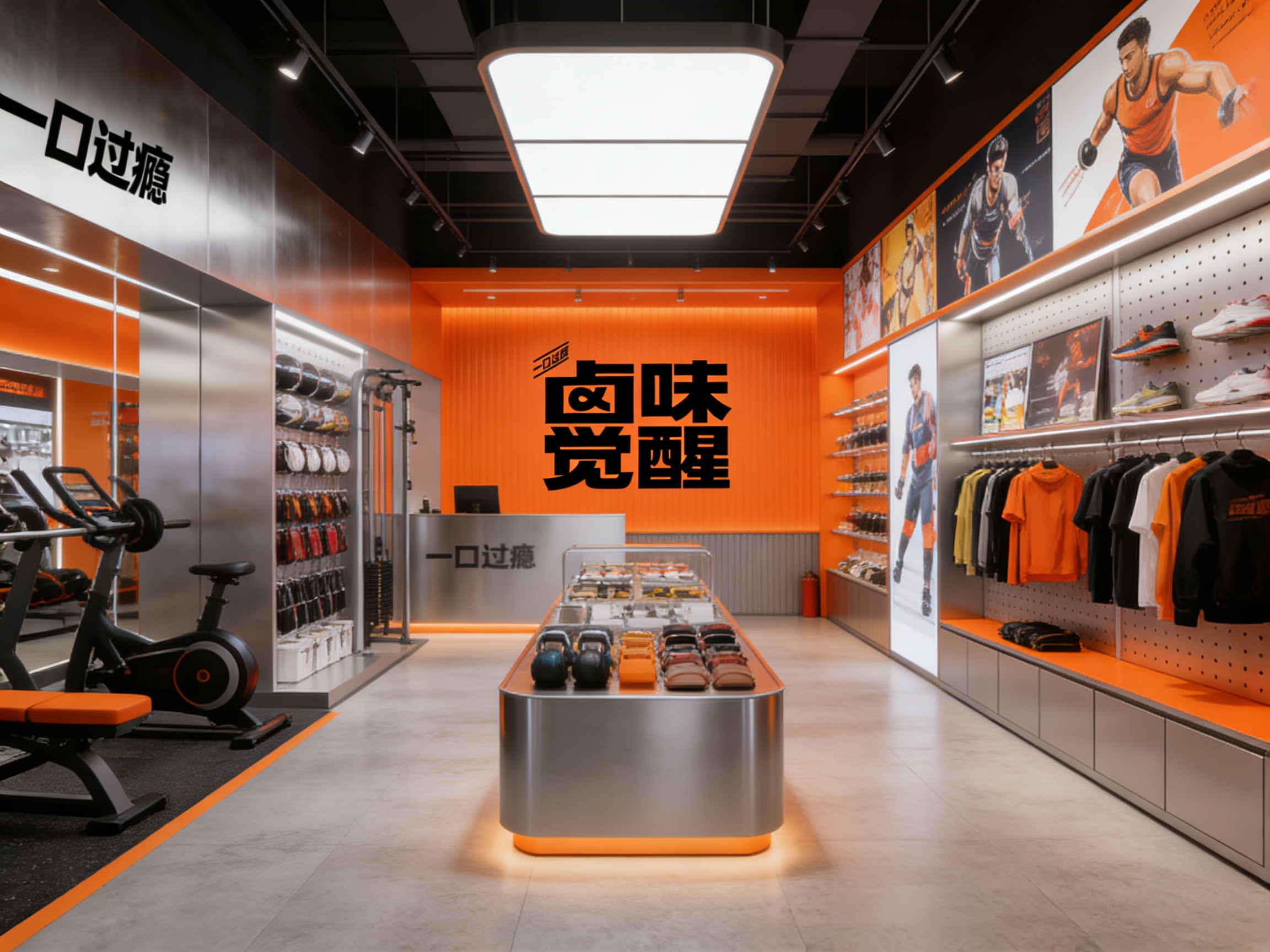 设计店内空间效果图，展示健身器材陈列区、运动装备售卖区、品牌展示区、墙面装饰艺术插画或动感色调摄影，运用金属材质搭配#橙色材质（将参考图中的LOGO保持一致）融入店铺背景墙，光线明亮且富有活力，突出空间极简时尚与动感质感。