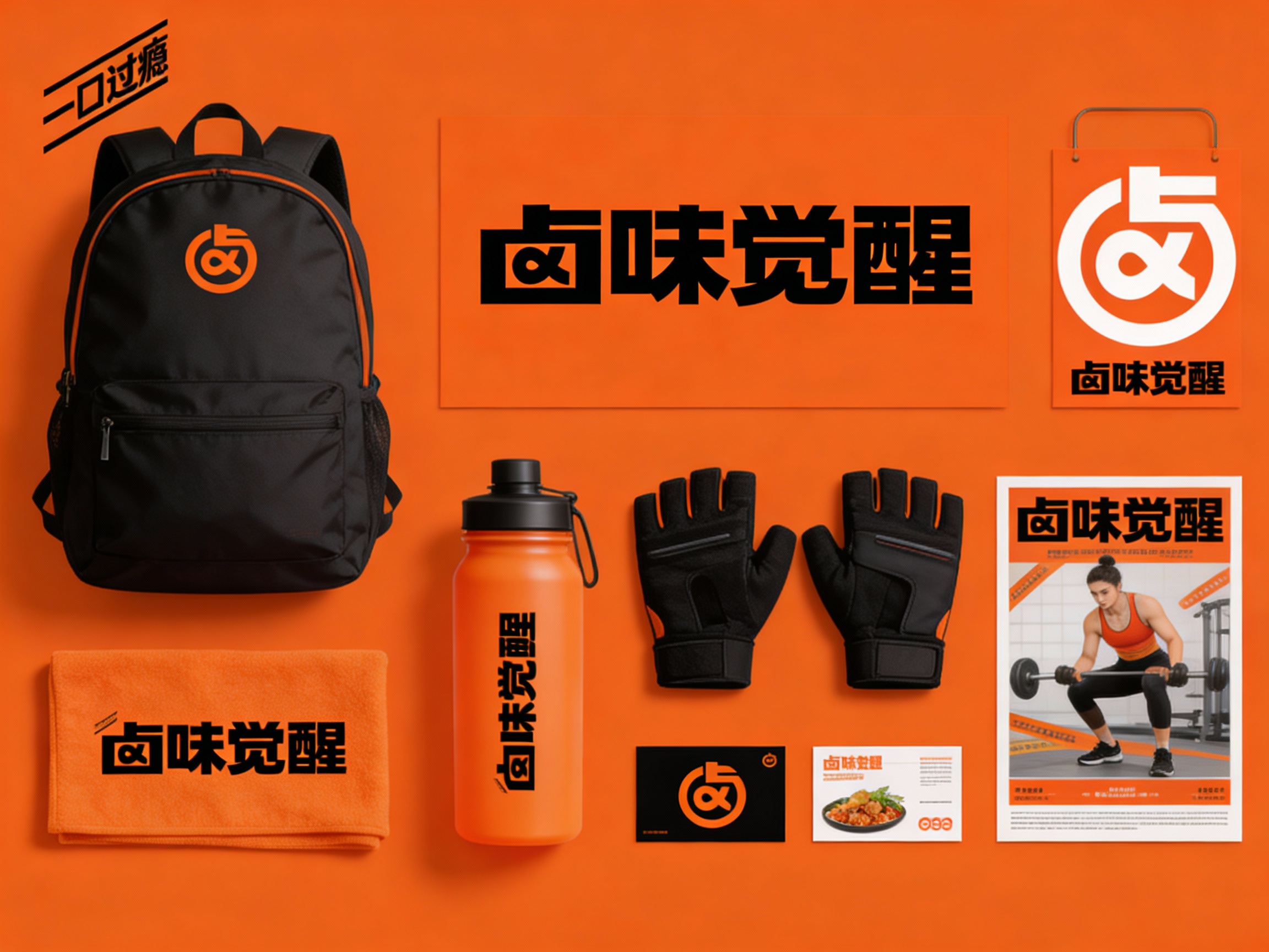 生成健身器材及用品展示图，品牌VI展示，（将参考图中的LOGO保持一致）#橙色它包括运动背包、健身水壶、运动毛巾、健身手套、印刷海报、产品卡片简单的背景、平面布局和精致美学、高分辨率摄影、高质量细节、顶级商业表现形式延续#橙色，（将参考图中的LOGO保持一致不要出现变形）在相应载体上合理呈现，突出健身器材及用品质感与品牌形象。