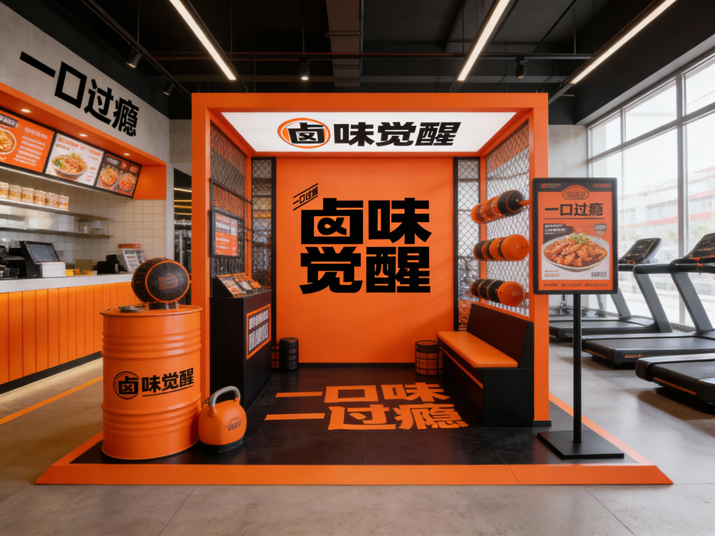 生成品牌体验区或健身店内场景，展示品牌互动装置或店内拍照打卡点，（将参考图中的LOGO及品牌色配色）融入场景装修或物件，环境充满活力有质感，光线明亮通透。