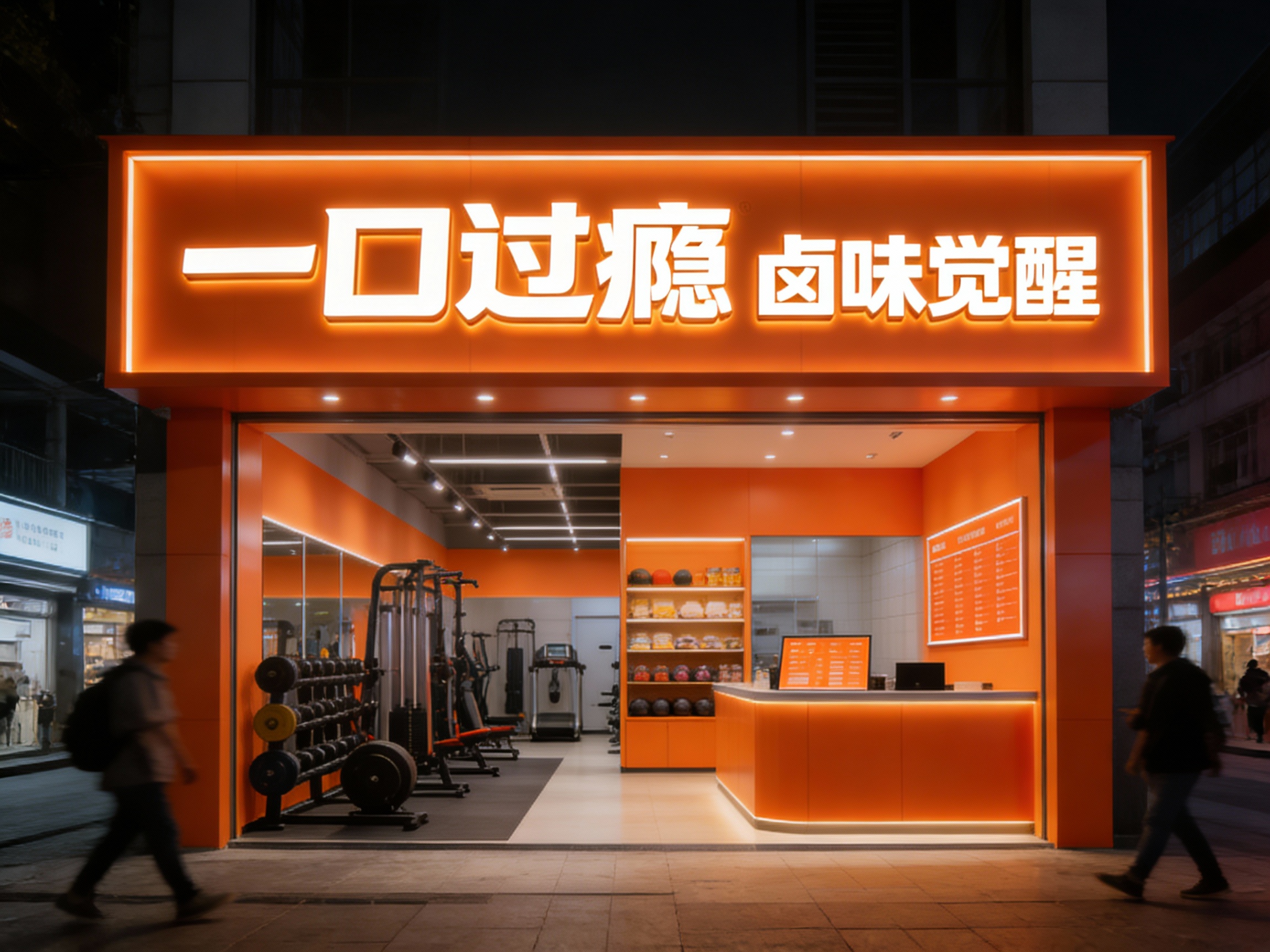 设计夜景门头及灯箱效果图，（将参考图中的LOGO）光亮明亮且富有活力，健身店的内部场景#橙色，上方有发光的（将参考图中的LOGO）标识，下方是健身器材陈列区域和展示架，柜台上有#橙色课程表，整体装修风格#橙色现代，灯光明亮 ，街区环境和路人自然呈现。