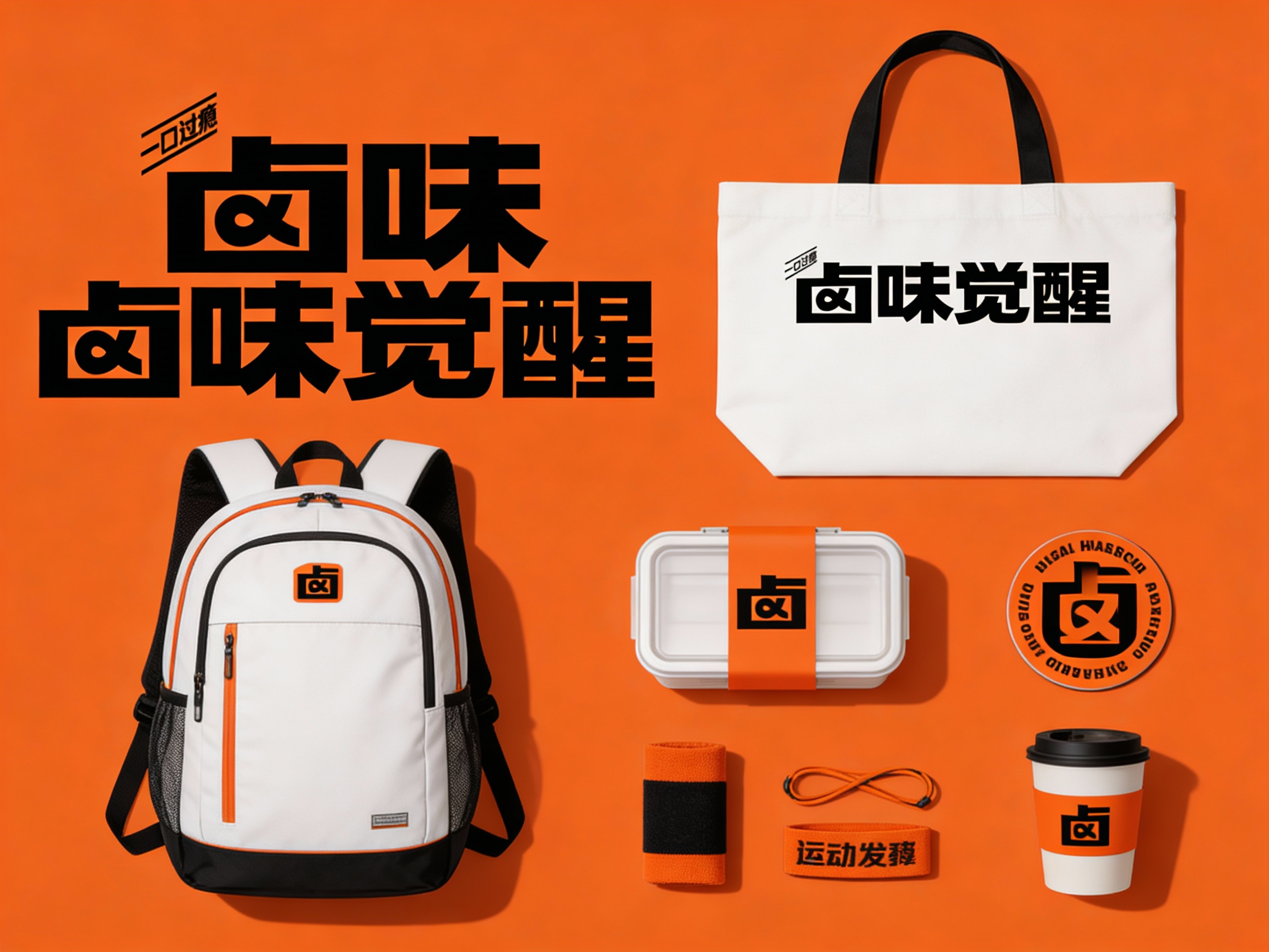 设计健身器材及用品平铺拍摄图，包含运动背包、手提袋、健身收纳盒、运动护腕、运动发带、杯垫等，（将参考图中的LOGO 保持一致不要出现变形）延续#橙色在各产品上清晰展示，色彩统一，光影柔和，呈现高级整洁感。