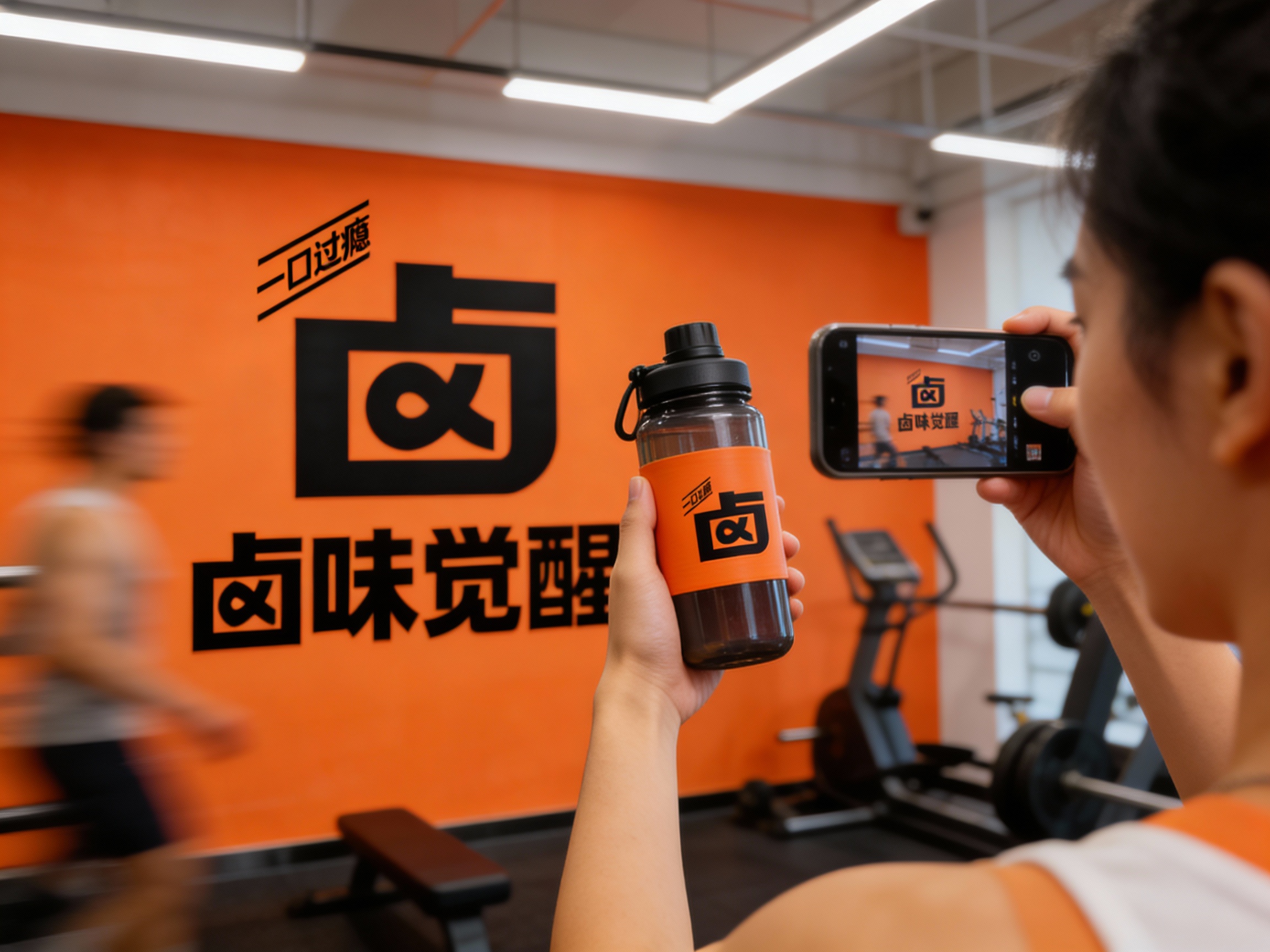 设计社交分享场景图，顾客手持带有（将参考图中的LOGO）#橙色包装的运动水壶拍照，健身馆场景中（将参考图中的LOGO）融入背景墙面#橙色，场景抓拍，独特的拍摄角度，非对称，动态模糊，明亮光环境，意境，自然色彩，丰富层次感，细腻画质，真实，光影变幻，虚化柔和过渡，胶片质感，电影质感，大师作品，光影自然，突出品牌时尚感和活力气质。