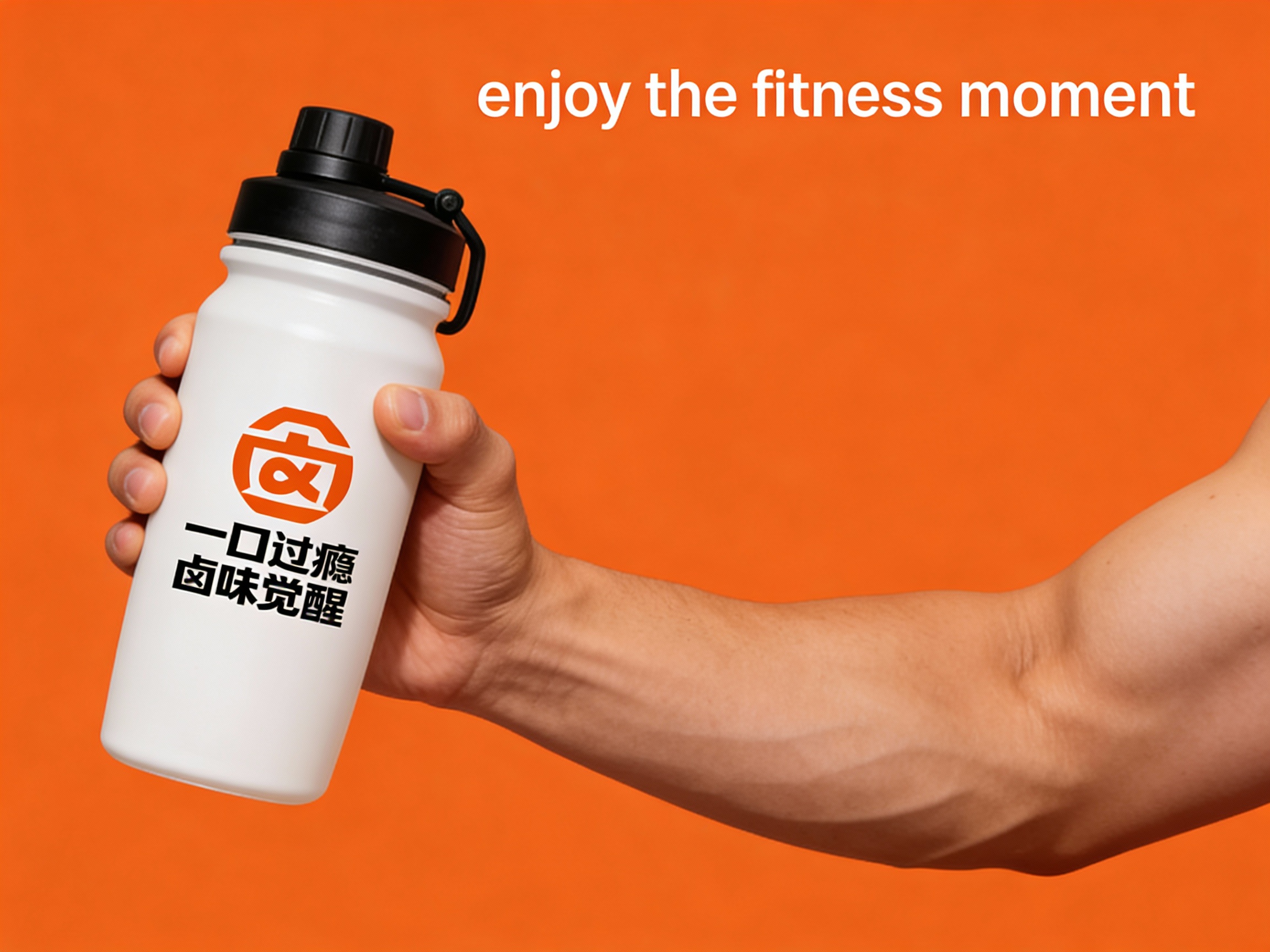 健身门店促销海报，以提供的主色调为背景底色，奠定活力且具质感的视觉基调。画面核心视觉为一只肌肉线条自然的手，握着一个印有（将参考图中的LOGO保持一致）的运动水壶上清晰可见，手和运动水壶比例协调，水壶简约无过多装饰，与背景形成鲜明色彩呼应，成为视觉焦点。海报上方，右侧用轻盈的英文书写 “enjoy the fitness moment” ，营造轻松邀请氛围 。文字排版规整，信息清晰易读，整体风格简约直接，精准传递健身门店活力、专业且注重品质的品牌形象 。