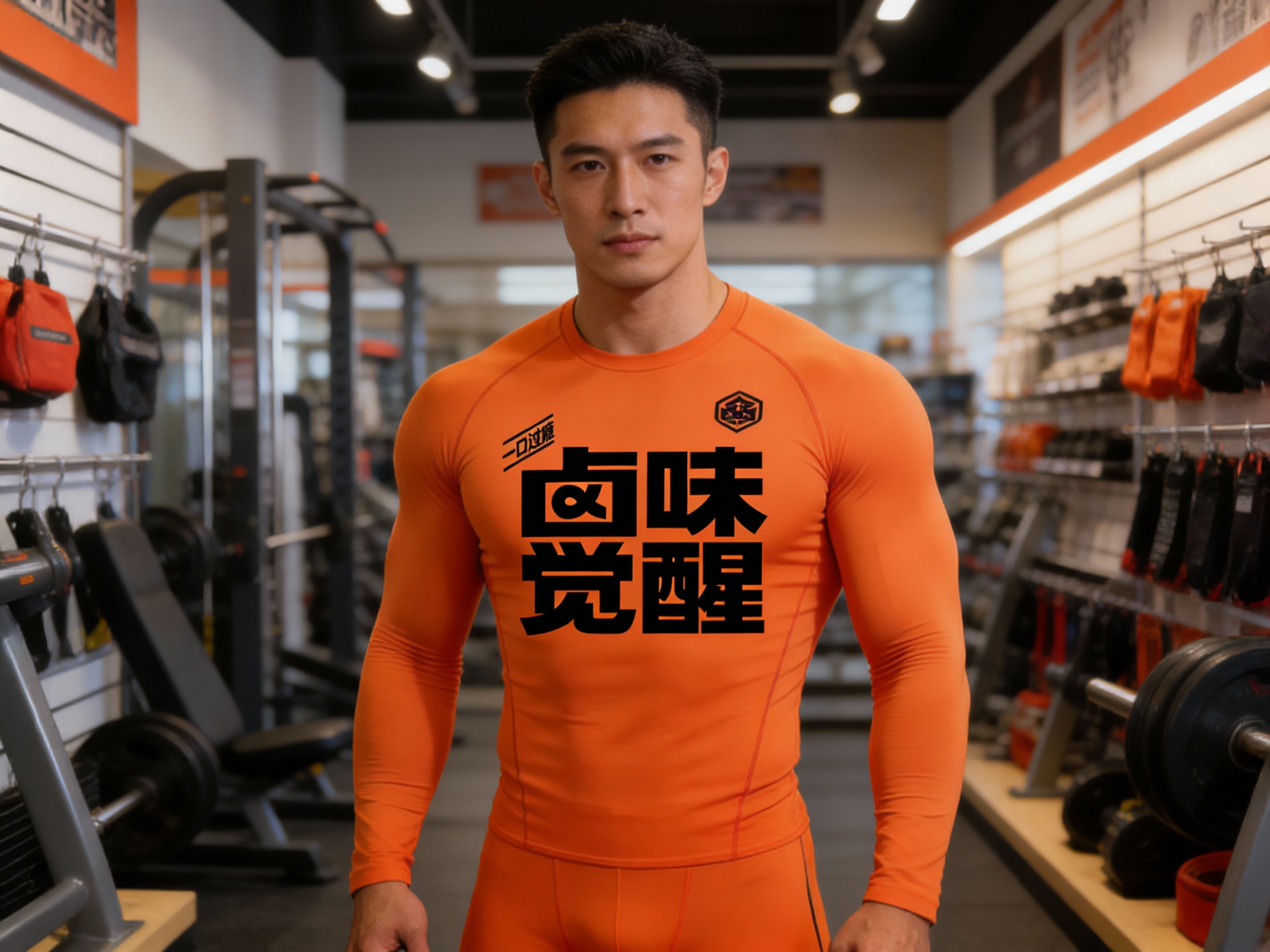 生成员工形象展示图，员工（身材很好的健身教练）穿着#橙色紧身健身服，（将参考图中的LOGO）在工作服上清晰可见，员工站在健身器材陈列区或店内（空间保持品牌一致性），姿态专业且自然，光线明亮。