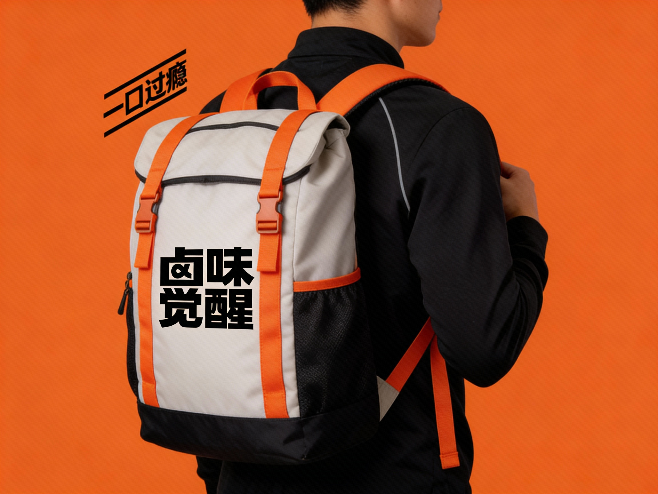 一个人背着运动背包，  #橙色肩带点缀（将参考图中的LOGO保持一致性不要变形）在背包上清晰可见，营造时尚、有品牌主色的纯色背景 。