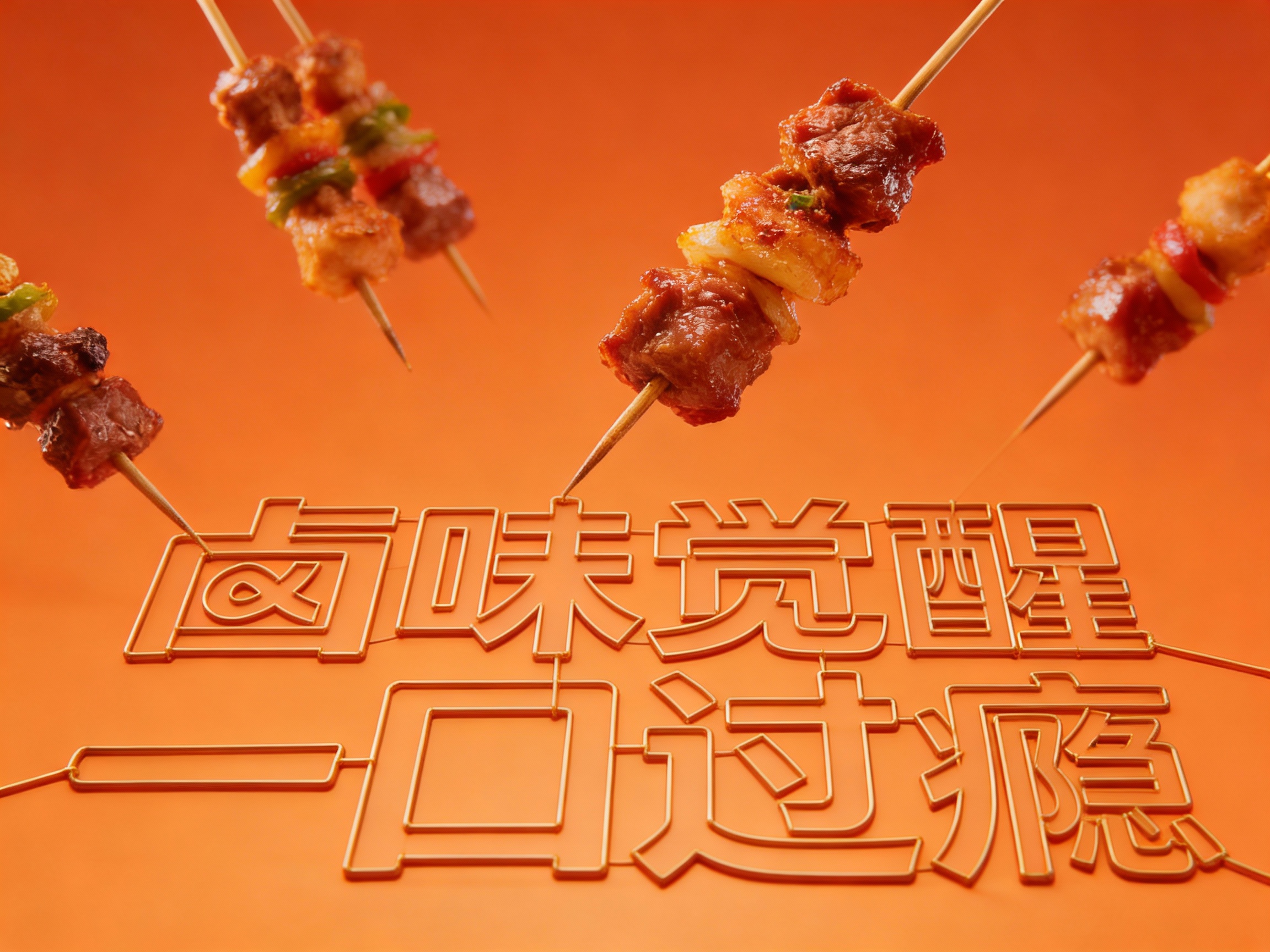 东方美学写实封面大片，几串非常精致的烧烤漂在空中品牌色背景。整个画面呈现仰拍的摄影视角，将串串线（将参考图中的LOGO）形状完美呈现，仿佛在讲述一个关于地道与多元的故事。