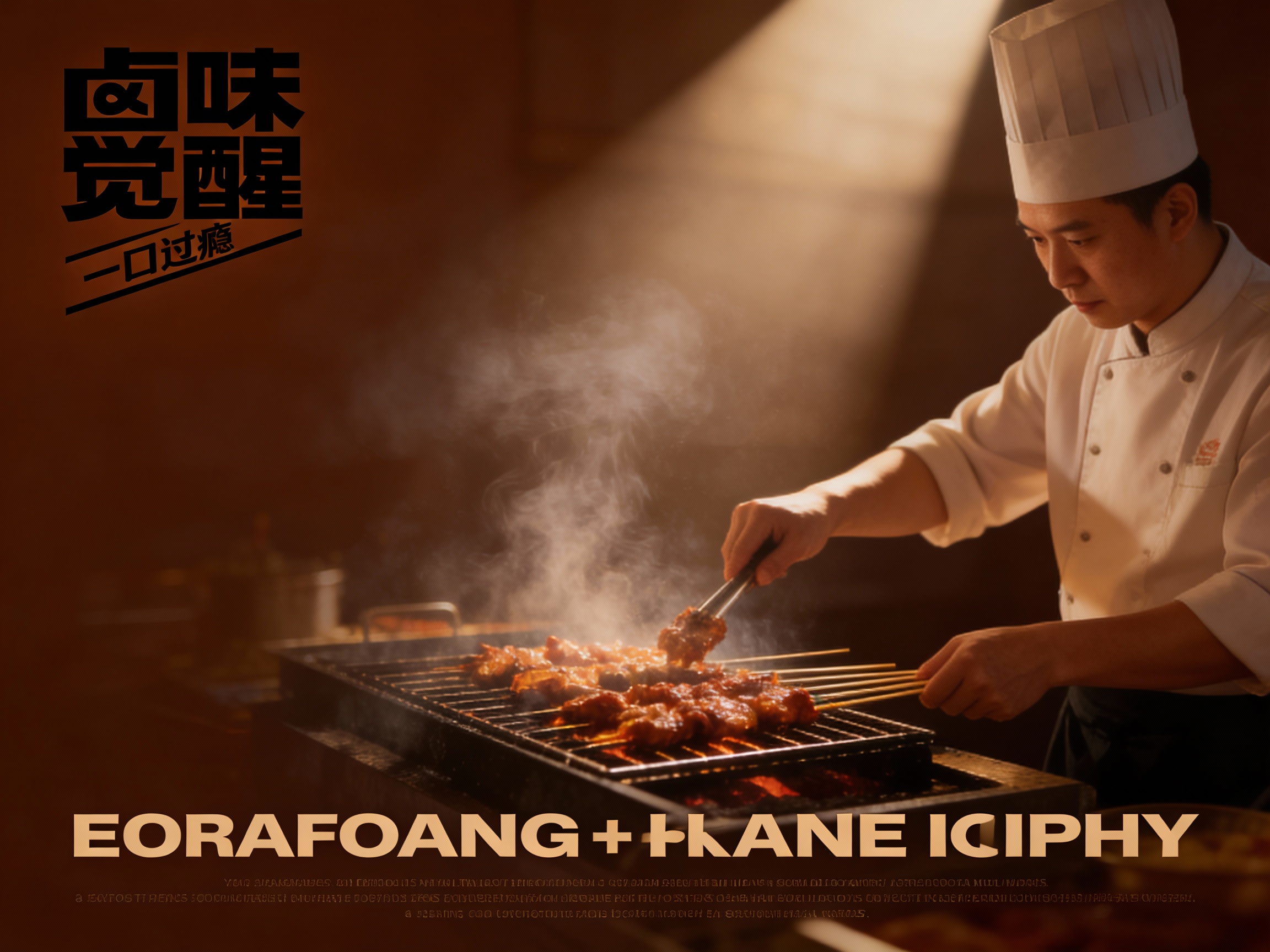 设计品牌宣传海报，画面干净，（将参考图中的LOGO ）位于左上角或右上角（根据实际情况设置），大师作品，电影海报，超高质量，超精细，高级英文排版，摄影，丁达尔光效，朦胧，俯视，远景，极简，简单，极简风格，大面积留白，背景是厨师制作烧烤的景象，压迫感，超现实主义+极简主义 + 简单色块+暖色调配色+ 摄影艺术 + 细节丰富+ 封面美学 +深棕背景+电影级照明，4k高清，排版简洁有视觉冲击力，符合社交平台分享特性。