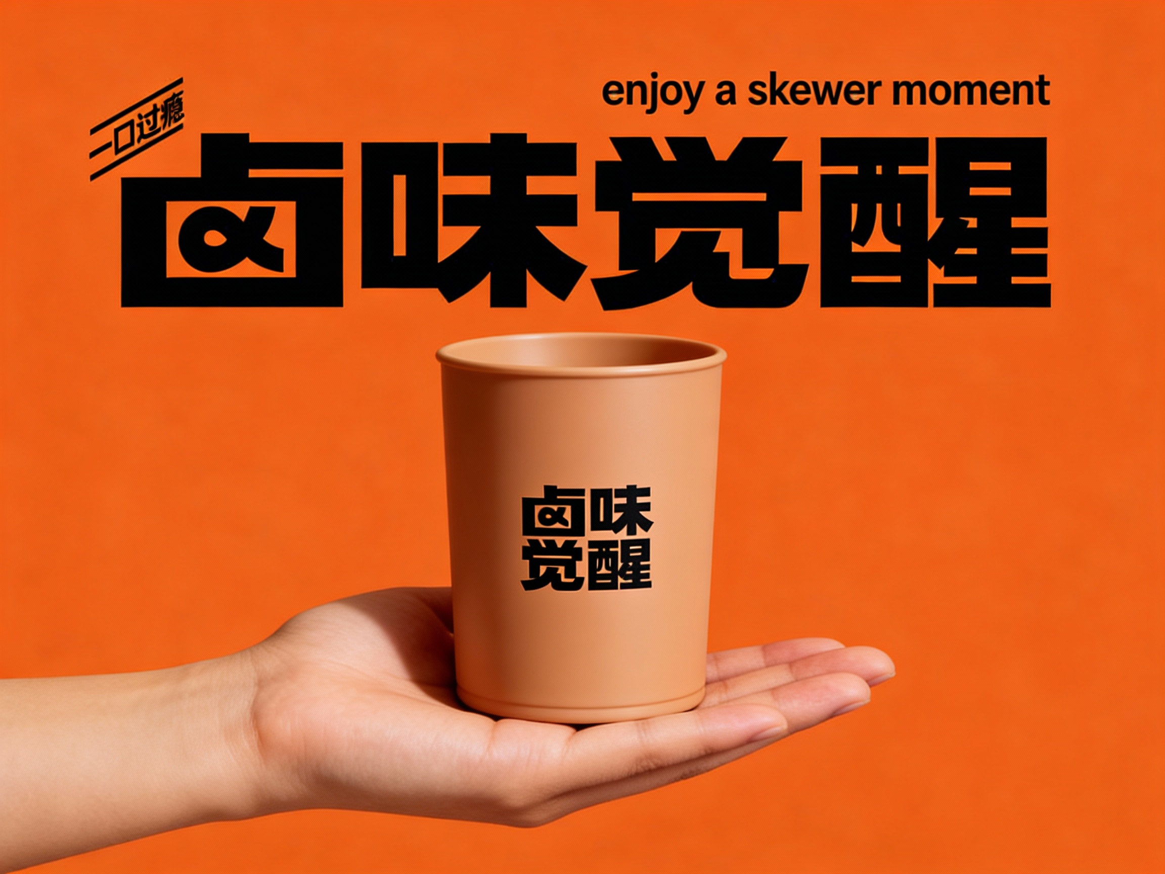 烧烤店门店促销海报，以提供的主色调为背景底色，奠定温暖且具质感的视觉基调。画面核心视觉为一只肤色自然的手，端着一只哑光质感的品牌色（将参考图中的LOGO）在签筒上清晰可见，手和签筒比例协调，签筒简约无装饰，与背景形成鲜明色彩呼应，成为视觉焦点。海报上方，右侧用轻盈的英文书写 “enjoy a skewer moment” ，营造轻松邀请氛围 。文字排版规整，信息清晰易读，整体风格简约直接，精准传递烧烤店温馨、美味且注重品质的品牌形象。