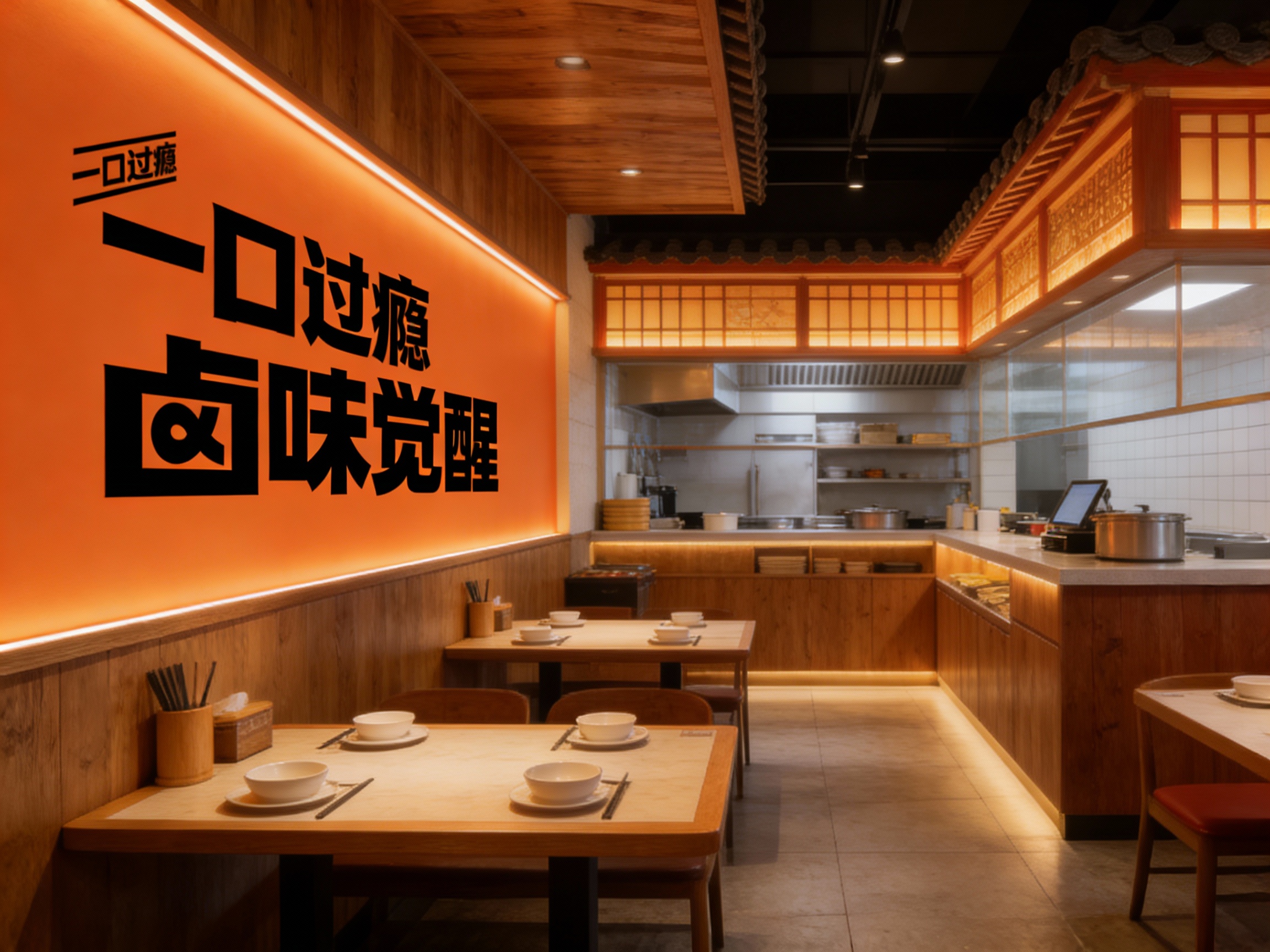 设计店内空间效果图，展示用餐区、厨房区、墙面装饰传统与现代结合的插画或摄影，运用木质搭配暖色调灯光材质（将参考图中的LOGO）融入场景装修或物件中，光线温暖自然，突出空间舒适感与融合质感。