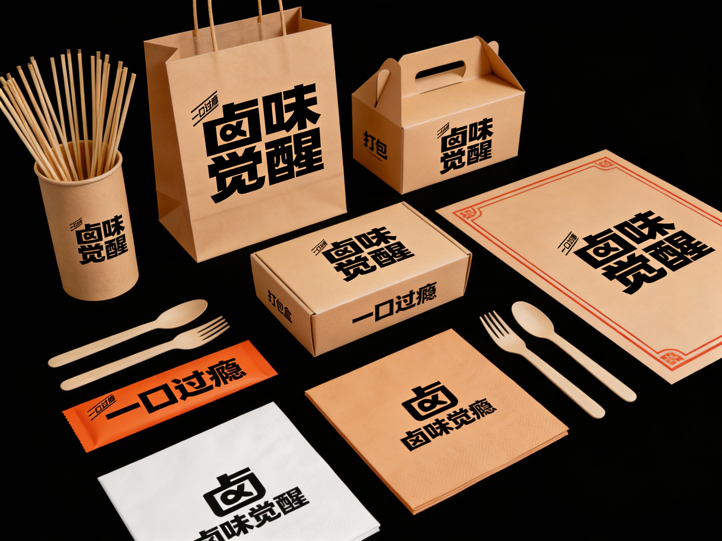 设计烧烤产品平铺拍摄图，包含纸签筒、手提袋、打包盒、餐具包装、餐巾纸、桌垫等，（将参考图中的LOGO）在各产品上清晰展示，色彩统一，光影柔和，呈现高级整洁感。