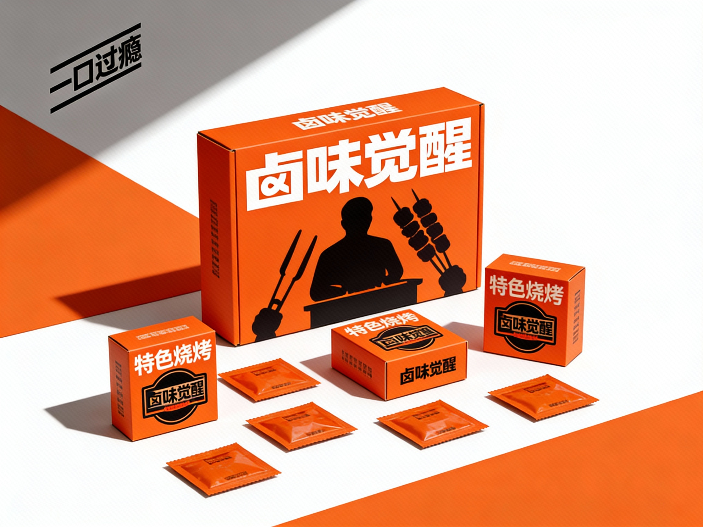 现代简约风格烧烤产品包装展示，（将参考图中的LOGO保持一致不要出现变形）白色背景搭配提供的品牌色（保持提示词的主色）几何色块。画面主体为多个品牌色包装盒，包括大盒（印有白色品牌名称和烧烤剪影）、小盒，均印有 “特色烧烤” 字样和黑色品牌标识。包装盒下方散落着同色系的小包装袋。整体构图采用高低错落的排列方式，光线从左上角斜射，形成清晰的阴影，突出包装盒的立体感和色彩对比，展现产品系列的多样性与品牌视觉统一性。