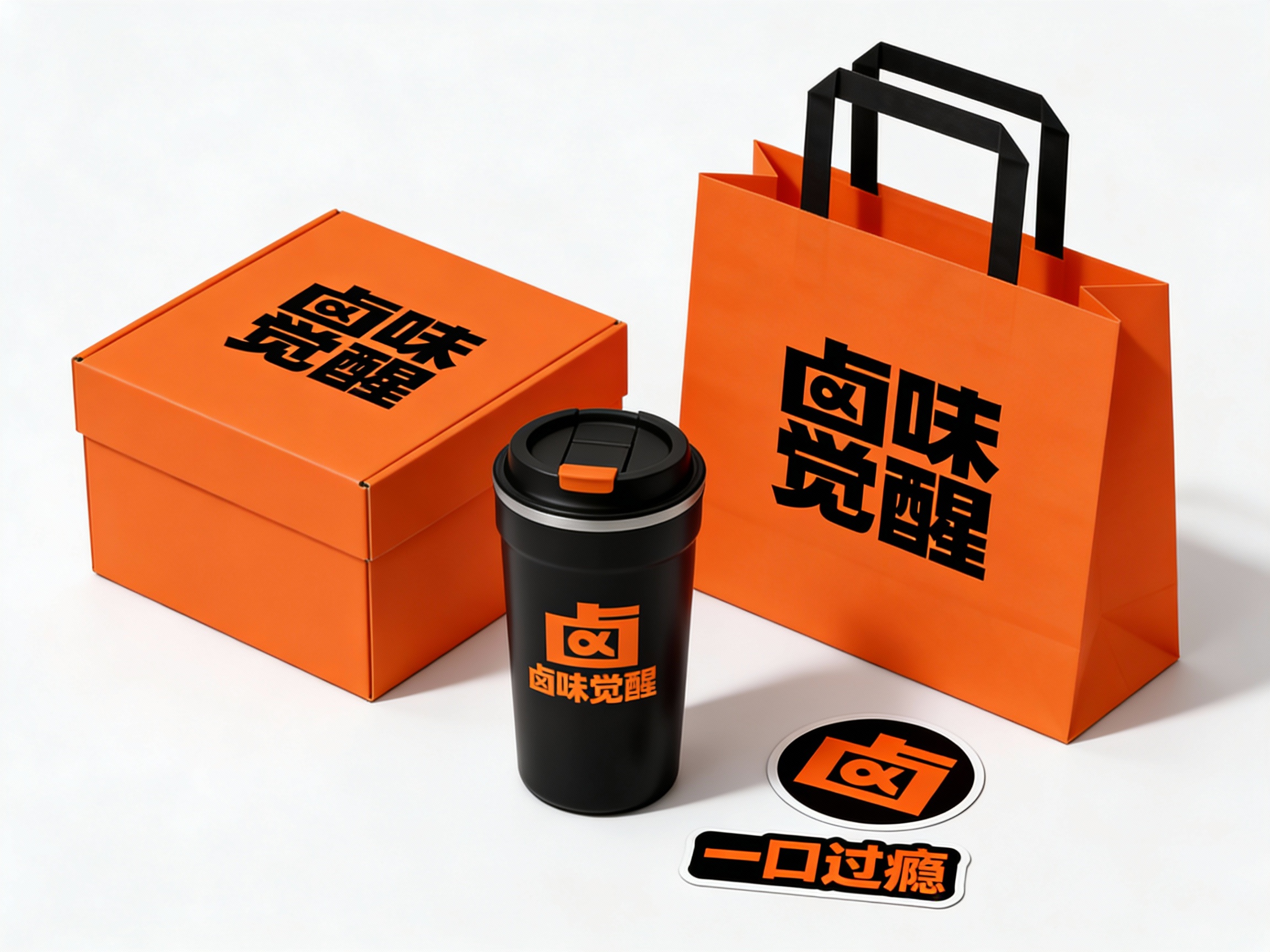 生成品牌周边展示图，如礼盒、保温杯、手提袋、贴纸等，（将参考图中的LOGO）在各周边产品上合理呈现，延续品牌配色，造型简约高级，适合礼赠与品牌延展。