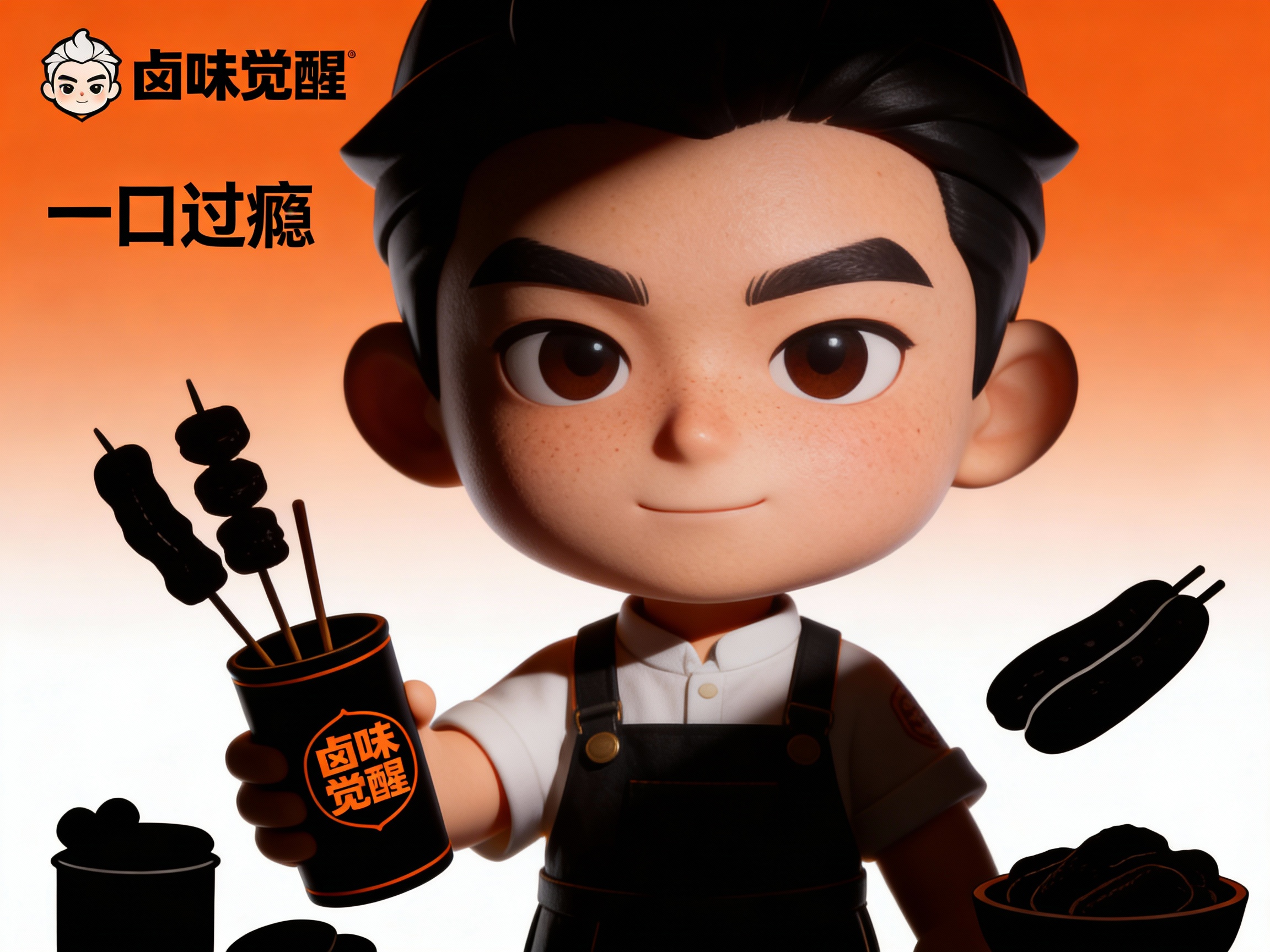 设计品牌海报，时尚剪影摄影风格,时尚大片,一个符合品牌的IP形象,穿着工服手拿带有（将参考图中的LOGO）的签筒，（将参考图中的LOGO）位于左上角或右上角（根据实际情况设置），清晰的毛孔,肌肤真实细节,产品剪影,品牌色向白色渐变背景,特写镜头,平视视角,高清分辨率,高细节