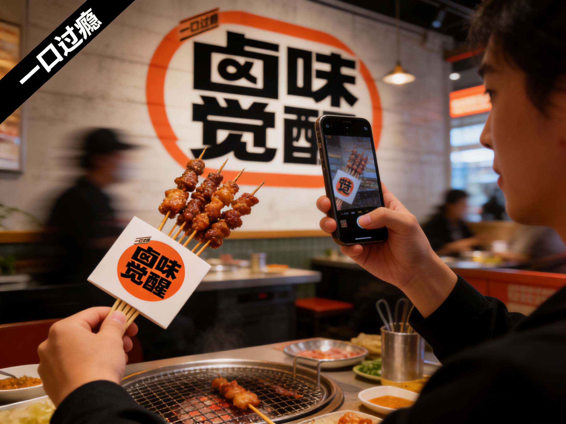 设计社交分享场景图，顾客手持带有（将参考图中的LOGO）的烧烤拍照，烧烤店场景中（将参考图中的LOGO）融入装修或物件，场景抓拍，独特的拍摄角度，非对称，动态模糊，低光环境，意境，自然色彩，丰富层次感，细腻画质，真实，光影变幻，虚化柔和过渡，胶片质感，电影质感，大师作品，光影自然，突出品牌时尚感和多元文化气质。