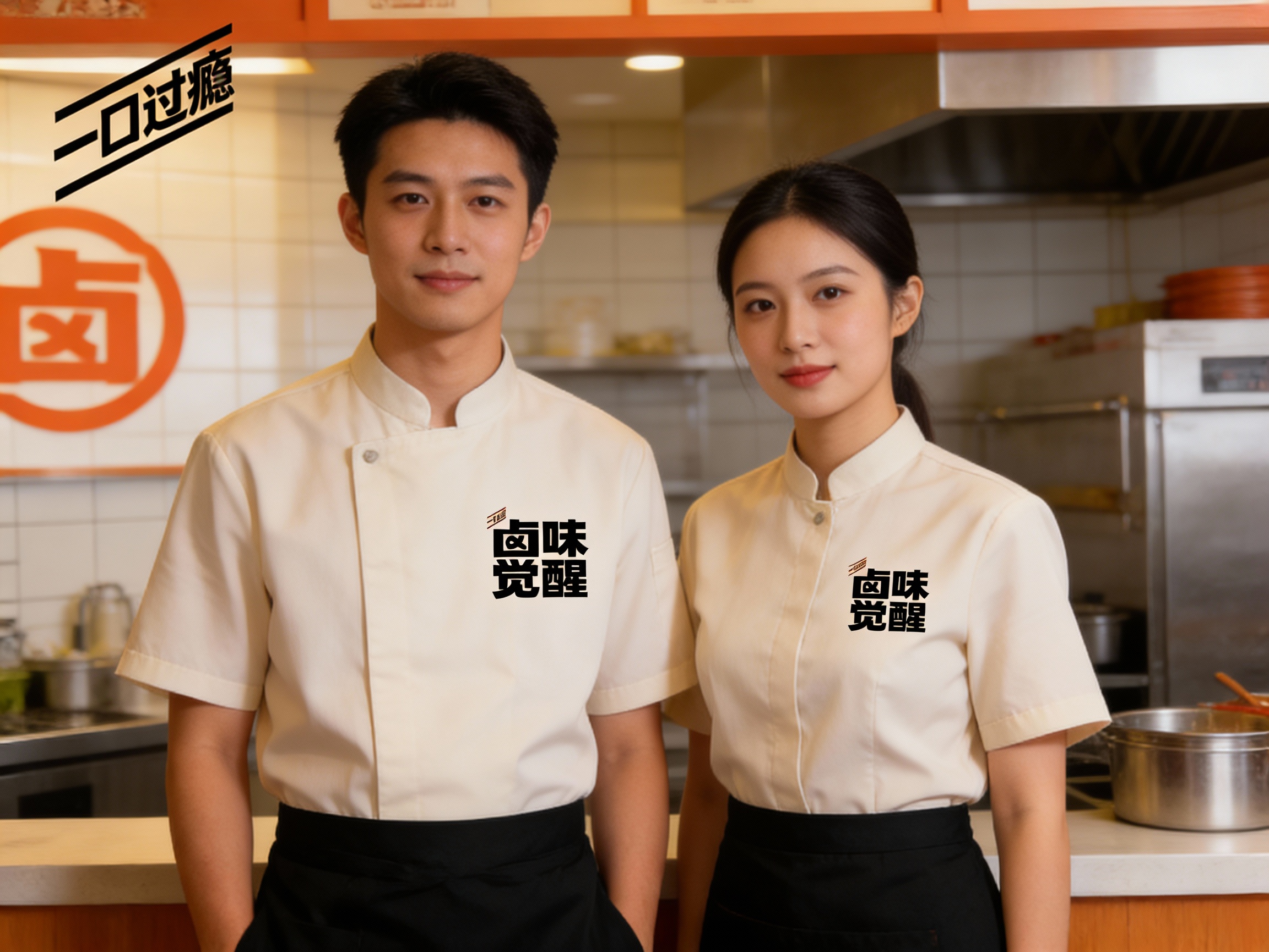 生成员工形象展示图，员工穿着纯色工作服，（将参考图中的LOGO）在工作服上清晰可见，员工站在店内或厨房（空间保持品牌一致性），姿态自然，光线柔和。