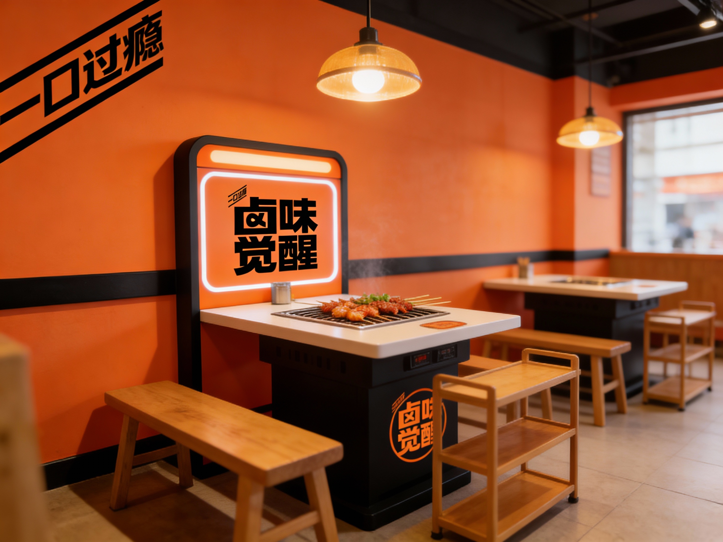 生成品牌体验区或小型烧烤桌场景，展示品牌互动装置或店内拍照打卡点，（将参考图中的LOGO及品牌色配色）融入场景装修或物件，环境温馨有质感，光线自然通透。
