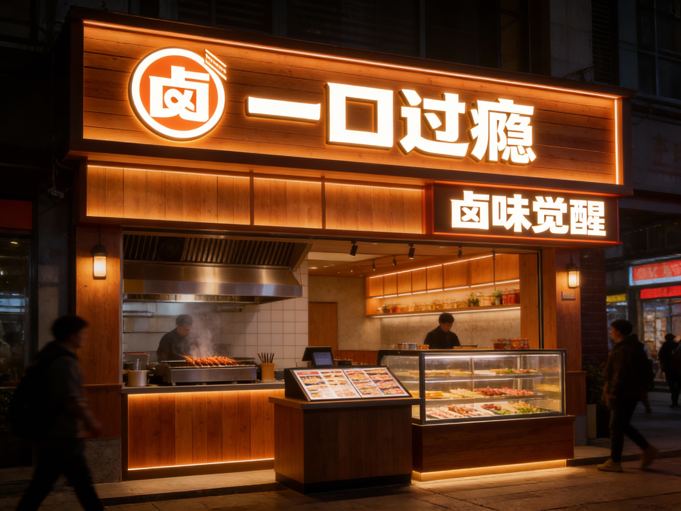 设计夜景主色门头及灯箱效果图，（将参考图中的LOGO）光亮温暖，烧烤店的内部场景，上方有发光的（将参考图中的LOGO）标识，下方是烧烤制作区域和展示柜，柜台上有菜单，整体装修风格运用原木搭配暖色调灯光材质现代，灯光温暖 ，街区环境和路人自然呈现。