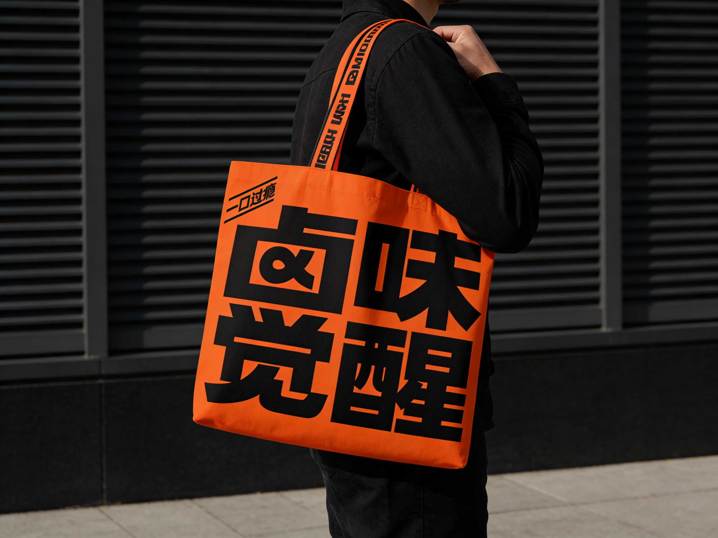 一个人背着主色手提袋，品牌色肩带点缀（将参考图中的LOGO保持一致性不要变形）在手提袋上清晰可见，营造时尚、有品牌标识性的氛围，可展示潮流品牌的手提袋设计及实际使用效果 。