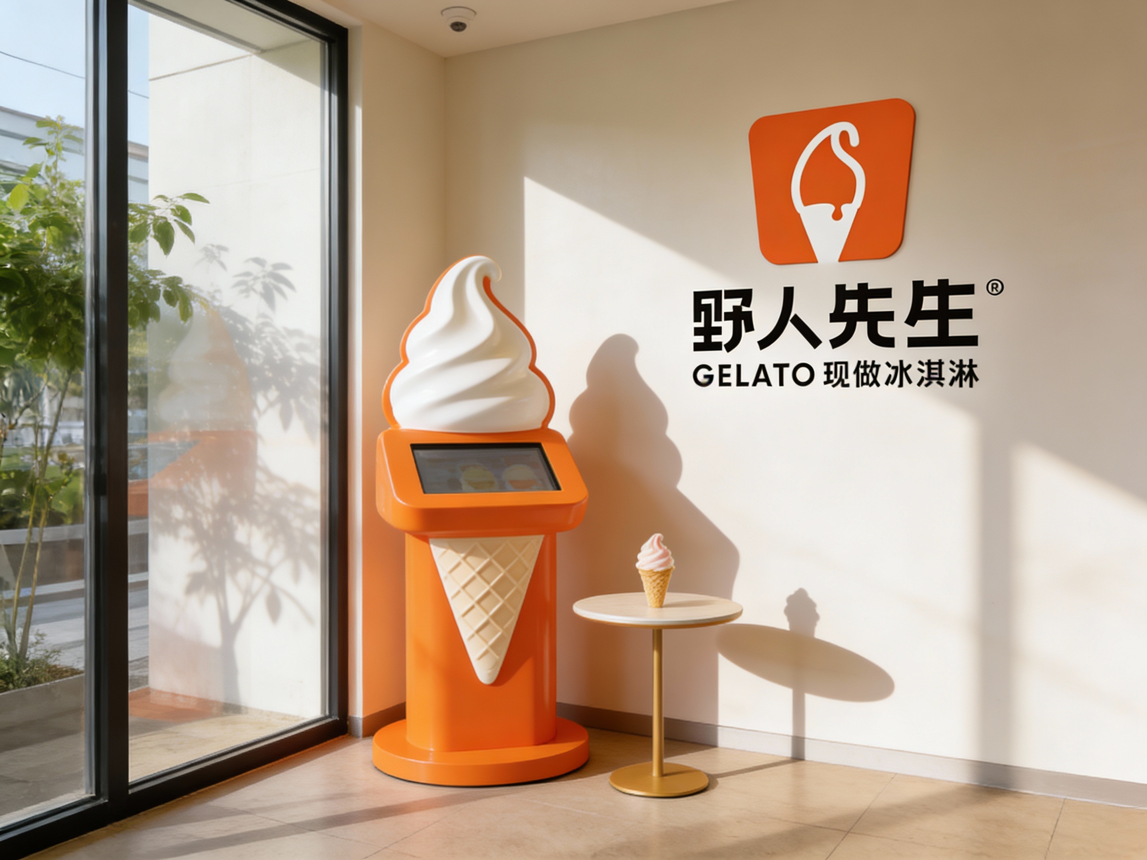 一张店内互动体验区或打卡点场景图。角落里摆放着造型独特的品牌互动装置品牌色（基于参考图主色调），（将参考图中的LOGO）品牌色（基于参考图主色调）巧妙融入装置设计中。旁边是一张精致的小型冰淇淋圆桌。环境光线通透自然，通过玻璃窗引入室外绿植的影子。整体氛围温馨且富有质感，吸引顾客驻足拍照。