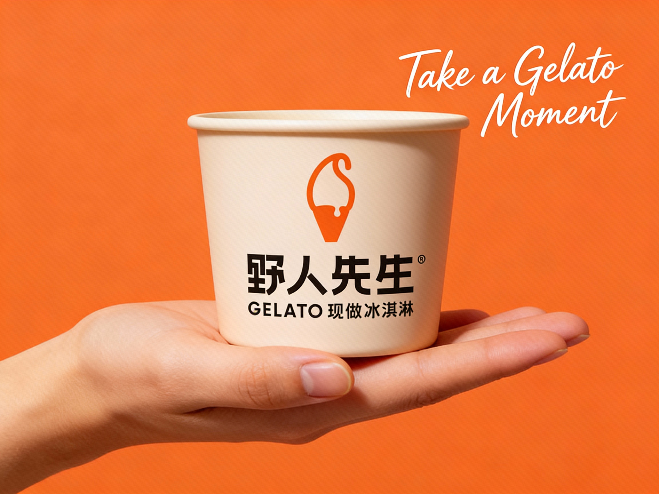 一张温暖治愈的促销活动海报。背景通体采用温暖的品牌色（基于参考图主色调），营造舒适氛围。画面视觉焦点是一只肤色健康自然的手（特写），稳稳托着一杯哑光质感的冰淇淋杯。杯身印有清晰的（将参考图中的LOGO）品牌色（基于参考图主色调），杯体设计极致简约。海报右上方留白处用灵动的极细手写英文字体书写 'Take a Gelato Moment'。整体排版干净利落，信息层级分明，精准传达'这一刻的惬意'，风格现代直接。