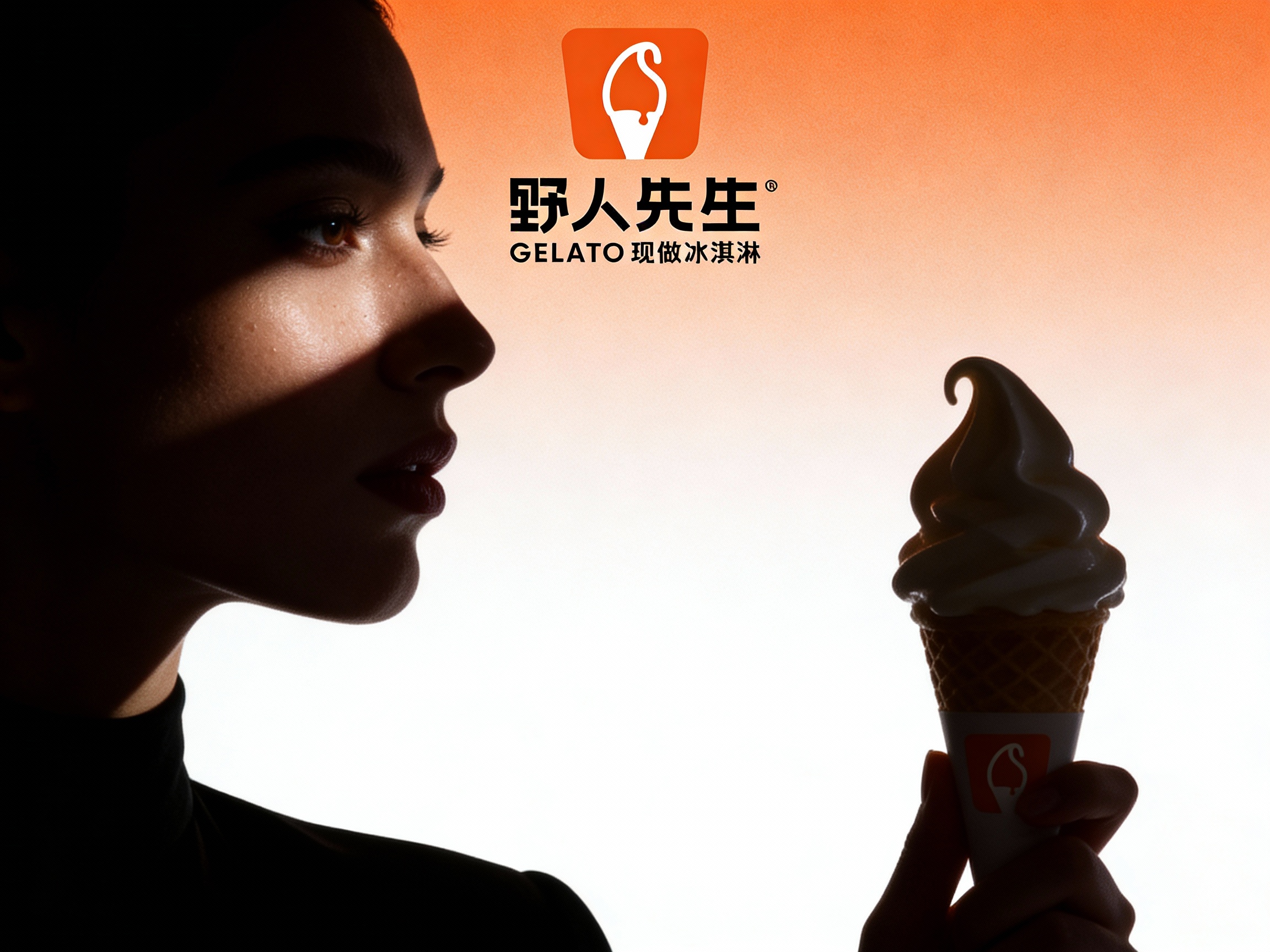 一张时尚杂志大片风格的剪影海报。平视特写镜头，一位模特的侧影剪影，穿着时尚利落的黑色服装，手拿一杯带有（将参考图中的LOGO）的冰淇淋。背景为品牌色向白色的细腻渐变。光线勾勒出模特面部的轮廓光和肌肤的真实纹理（毛孔级细节）。（将参考图中的LOGO）置于画面上方的视觉平衡点。整体风格冷艳、高级，强调品牌与时尚潮流的强关联。