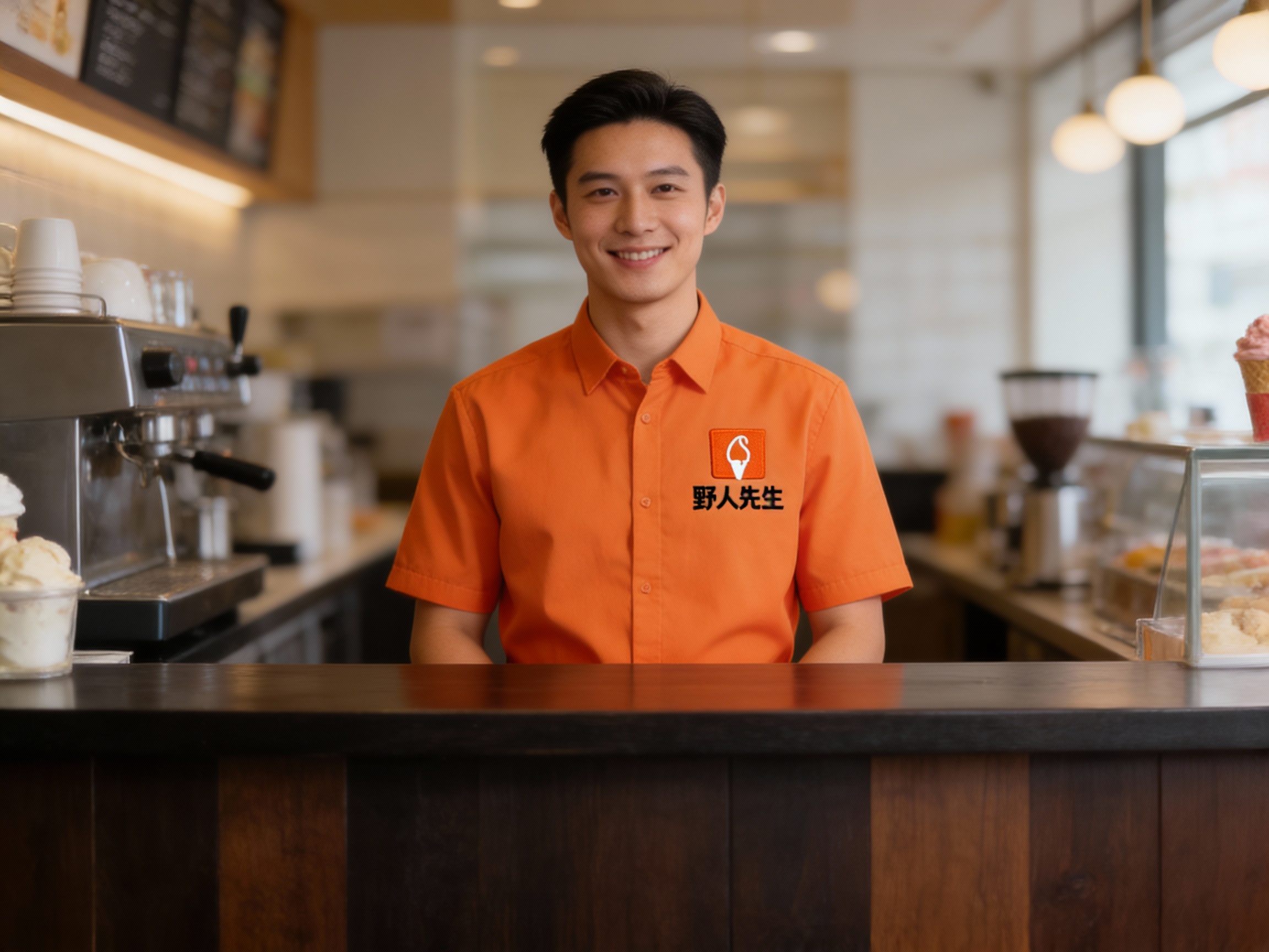 一张展现品牌服务精神的员工形象照。一位穿着剪裁合体的纯色工作服品牌色（基于参考图主色调）的冰淇淋师正站在黑胡桃木吧台后，面带自信自然的微笑。（将参考图中的LOGO）刺绣在工作服胸口处。背景是模糊处理的店内环境，保持品牌装修调性。光线为柔和的人像肖像光，捕捉员工的专业姿态与亲和力，传递品牌温度。