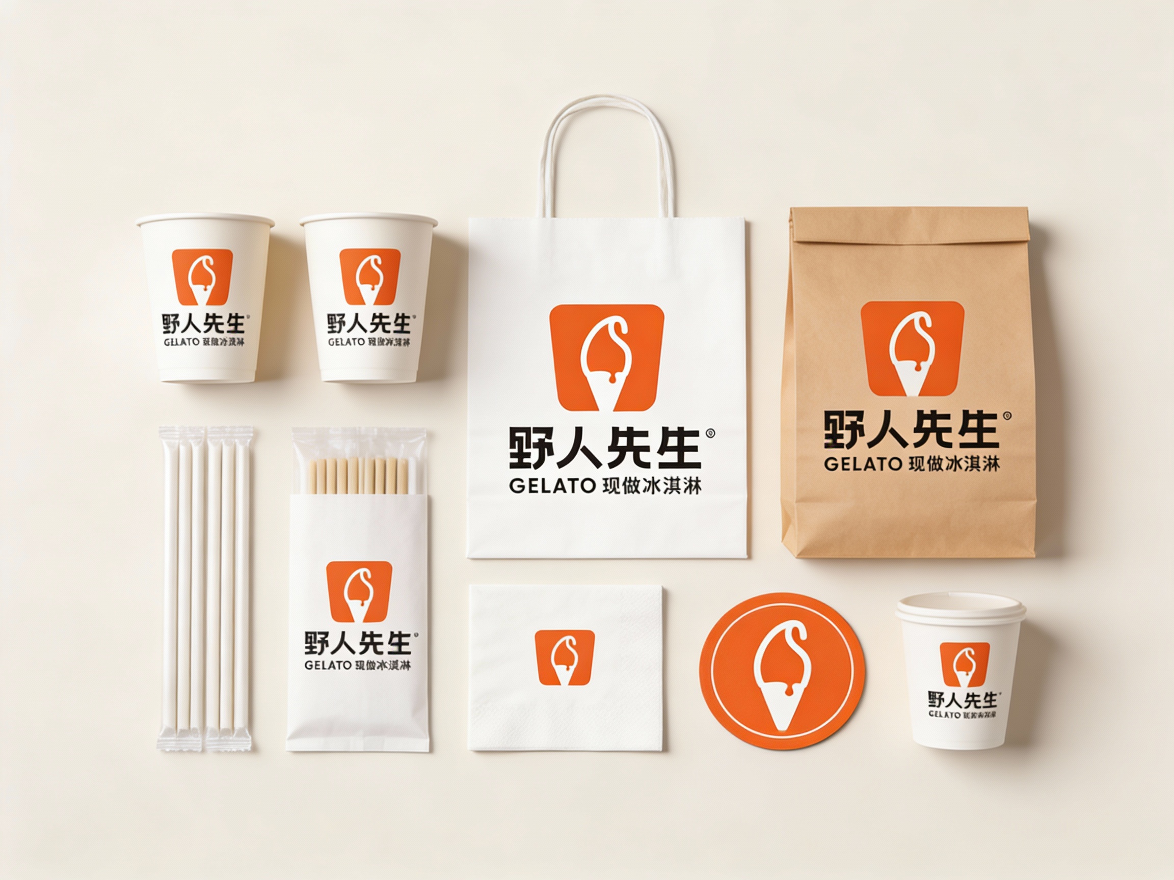 一张高级感十足的冰淇淋耗材平铺（Knolling）摄影图。画面中整齐有序地摆放着纸杯、手提袋、打包纸袋、吸管独立包装、餐巾纸和杯垫。品牌色（基于参考图主色调）（将参考图中的LOGO）清晰、醒目地印在每件物品上，构成视觉中心。背景采用柔和的中性色，布光均匀柔和，无死角，强调清洁感与秩序感，色彩和谐统一，如同Kinfolk杂志的内页风格。