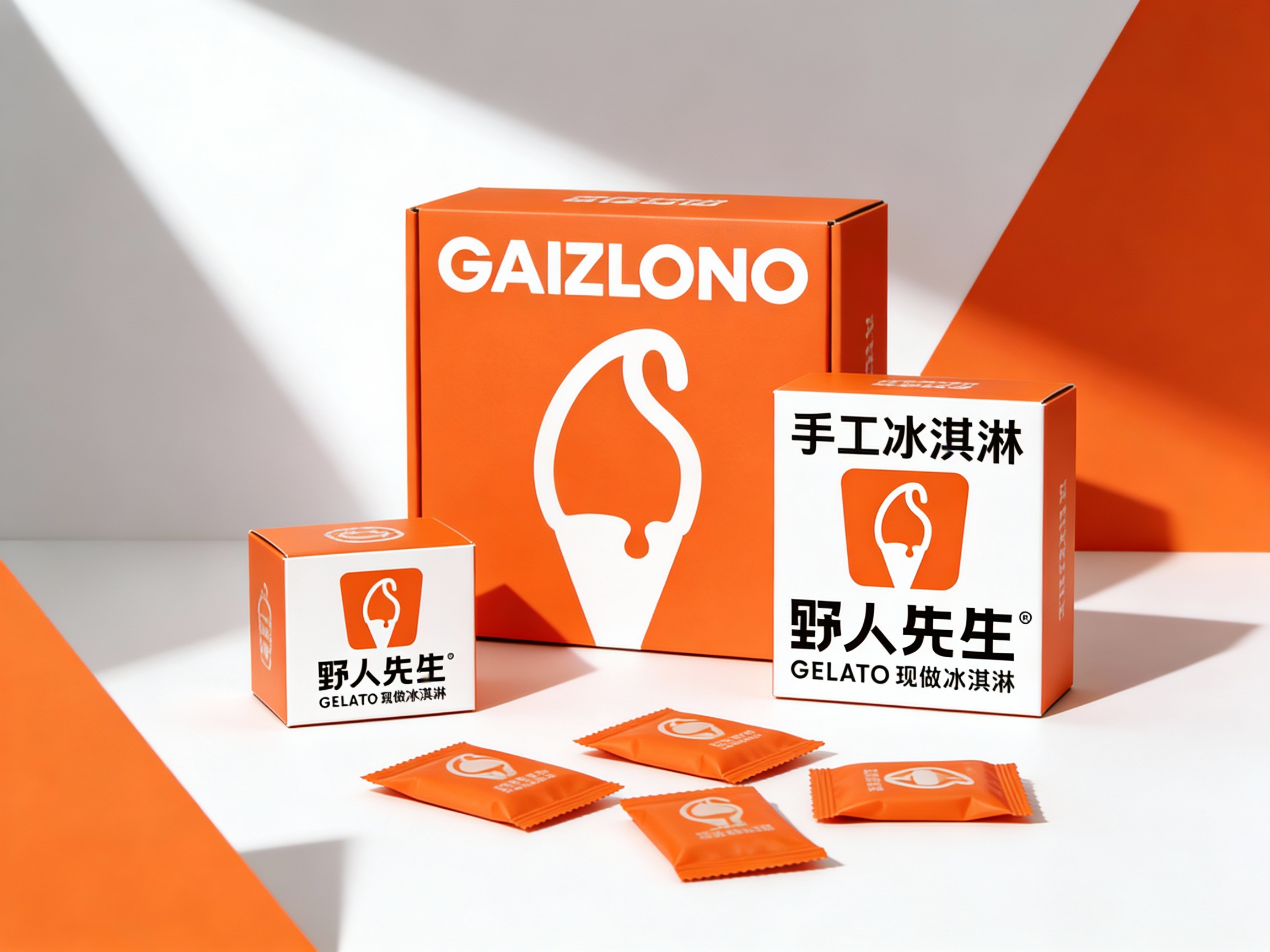 一张现代简约风格的零售包装产品集合图。在纯净的白色背景下，利用品牌色（基于参考图主色调）几何色块作为视觉辅助。主体展示不同规格的包装盒：大盒印有白色品牌名和冰淇淋剪影，小盒印有'手工冰淇淋'字样，（将参考图中的LOGO）醒目可见。前方散落着同色系的独立品牌色（基于参考图主色调）小包装袋。构图高低错落有致，模拟自然光从左上方斜射，投下长阴影，突出包装的立体感和纸质触感，展现产品线的丰富与统一。