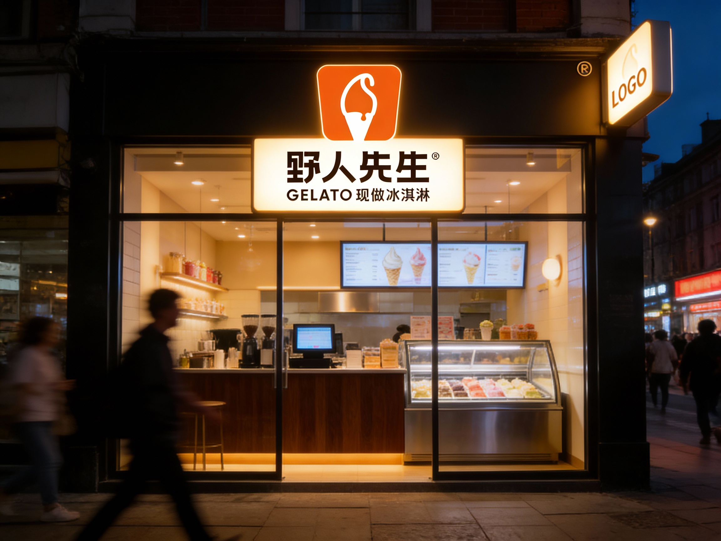 一张充满都会气息的夜景门头效果图品牌色（基于参考图主色调）。夜幕降临，街道熙攘，冰淇淋店温暖的灯光从室内溢出。（将参考图中的LOGO）灯箱是视觉焦点，色温温暖明亮。透过落地玻璃，可见内部品牌色（基于参考图主色调）黑胡桃木与不锈钢结合的吧台，展示柜琳琅满目，电子菜单品牌色（基于参考图主色调）屏亮着。街边有自然的行人经过（虚化），营造出'城市灯塔'般的温暖归属感。