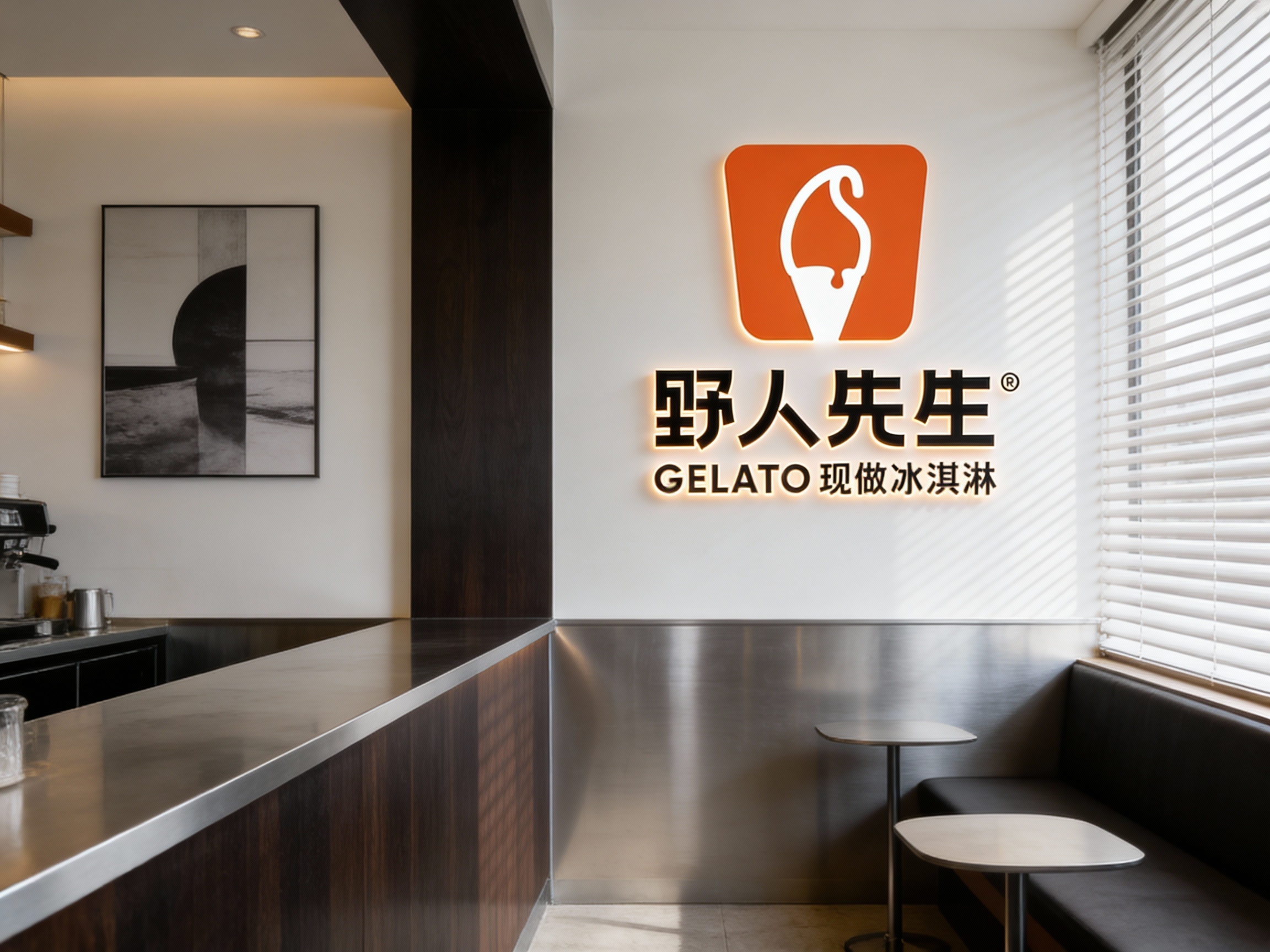 一张极具国际范的咖啡店室内空间设计效果图品牌色（基于参考图主色调）。镜头聚焦于吧台与座位区的交界处，设计语言运用黑胡桃木的温润与银色拉丝不锈钢的冷峻形成高级对比。墙面挂着一幅极简抽象黑白摄影作品，提升艺术格调。（将参考图中的LOGO）以发光立体字或金属镶嵌的形式自然融入背景墙面（品牌色-基于参考图主色调）或吧台前侧。光线模拟上午10点的自然暖光，透过百叶窗洒入，营造出舒适、现代且高级的都市第三空间感。