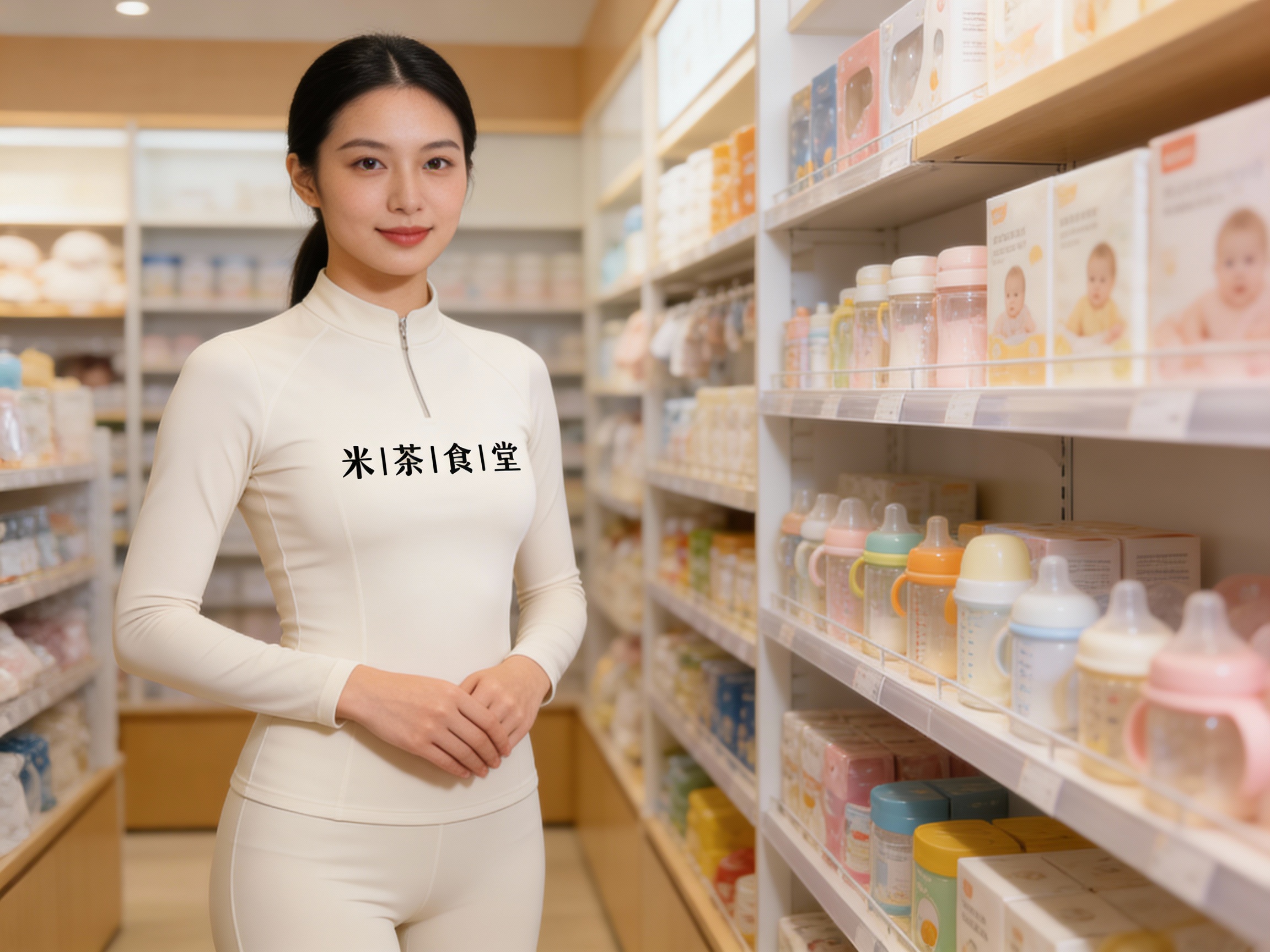 生成员工形象展示图，员工（身材很好的育婴师）穿着#米白紧身服装，（将参考图中的LOGO）在工作服上清晰可见，员工站在母婴用品陈列区或店内（空间保持品牌一致性），姿态专业且自然，光线明亮。