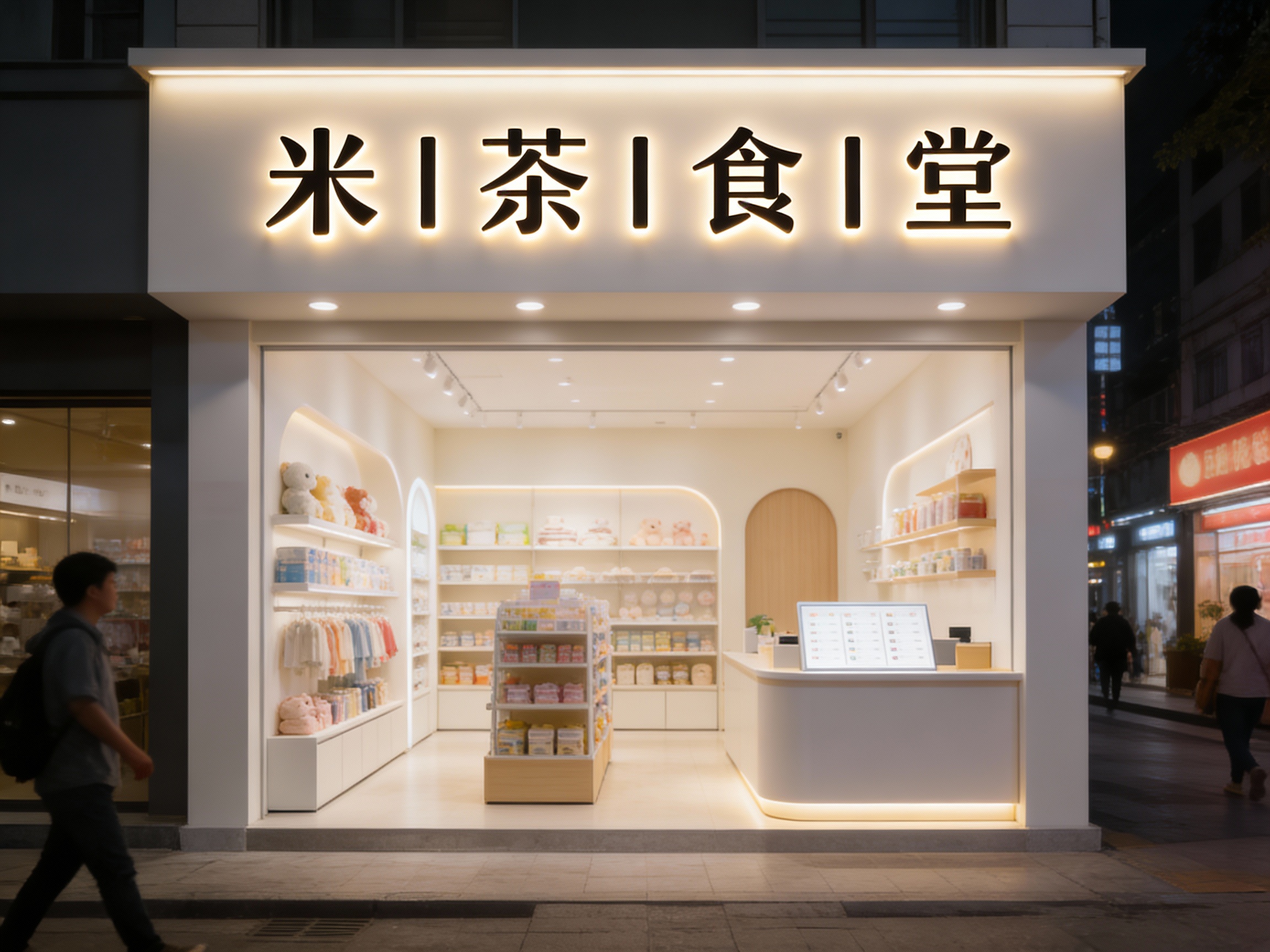 设计夜景门头及灯箱效果图，（将参考图中的LOGO）光亮明亮且富有温馨感，母婴店的内部场景#米白，上方有发光的（将参考图中的LOGO）标识，下方是母婴用品陈列区域和展示架，柜台上有#米白课程表，整体装修风格#米白现代，灯光明亮 ，街区环境和路人自然呈现。