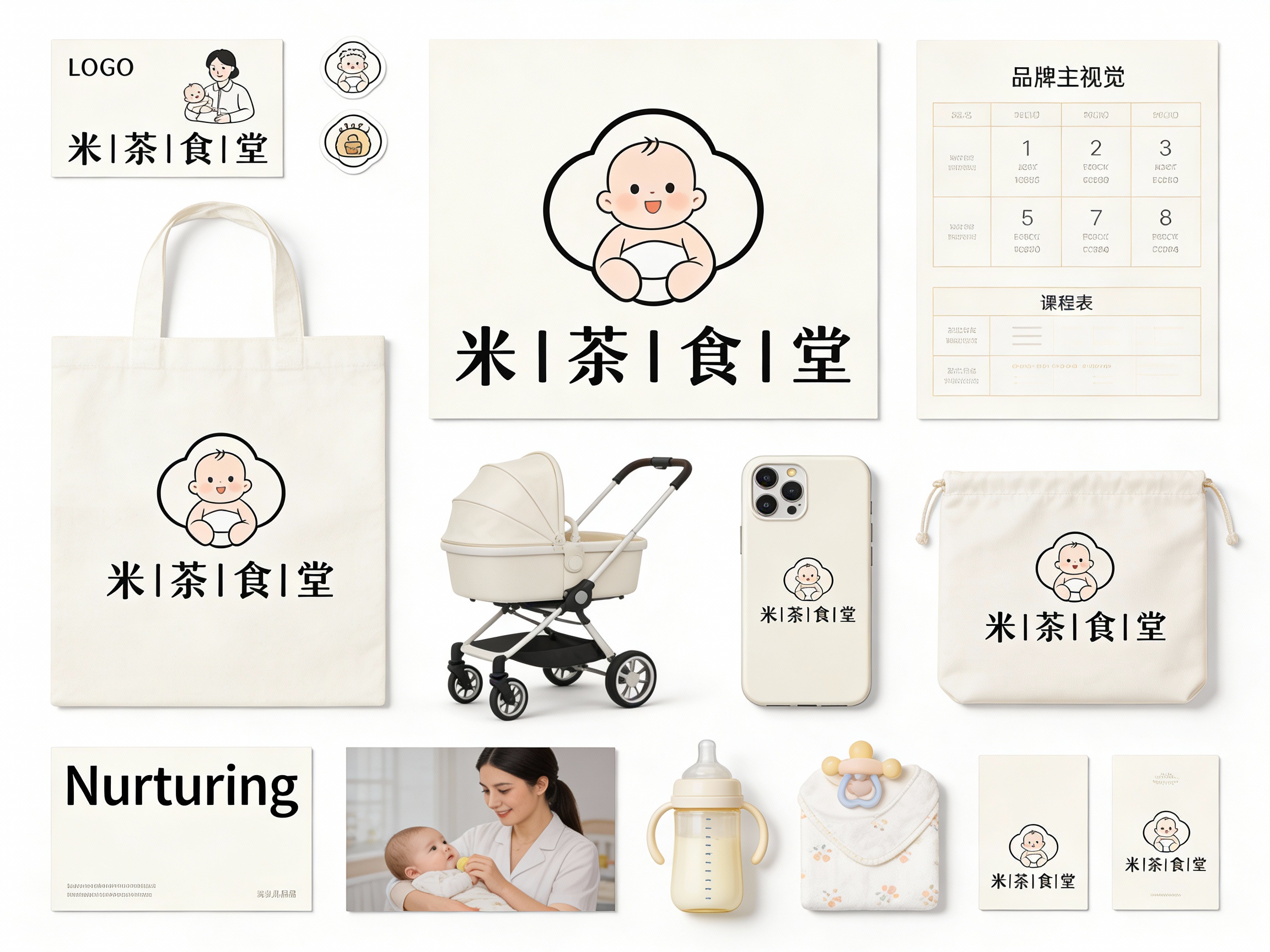 现代精致风格母婴用品及产品包装展示，（将参考图中的LOGO保持一致不要出现变形）延续#米白。画面第一排：从左到右是印有 （将参考图中的LOGO 保持一致不要出现变形） 和育婴师图案的宣传卡、小尺寸品牌标识贴纸 。​- 第二排：#米白手提袋、大幅品牌主视觉卡片（婴儿图案 + 品牌LOGO（将参考图中的LOGO ）、课程表样式卡片 。​- 第三排：#米白婴儿推车（印品牌名），手机壳（印品牌LOGO（将参考图中的LOGO ） ）。​- 第四排： “Nurturing” 宣传卡（高级摄影高清育婴师形象图片）、婴儿用品收纳袋（印品牌LOGO将参考图中的LOGO ）、品牌卡片 ，物料围绕品牌名、婴儿用品（奶瓶、安抚巾等 ）