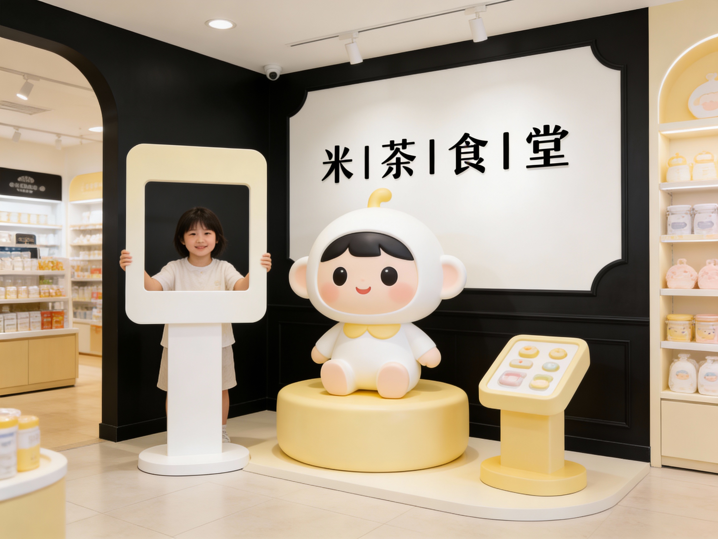 生成品牌体验区或母婴店内场景，展示品牌互动装置或店内拍照打卡点，（将参考图中的LOGO及品牌色配色）融入场景装修或物件，环境充满温馨有质感，光线明亮通透。