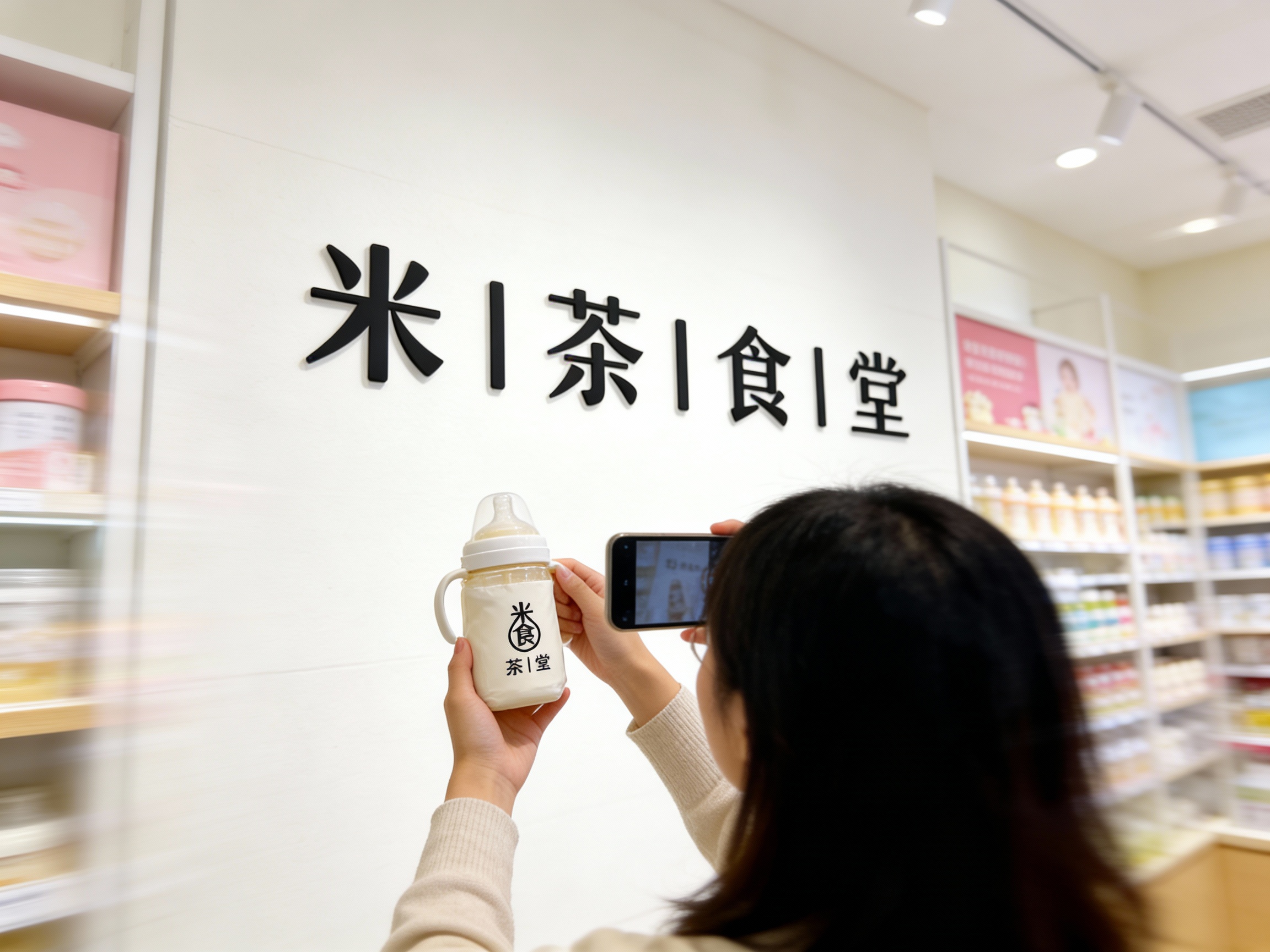 设计社交分享场景图，顾客手持带有（将参考图中的LOGO）#米白包装的婴儿奶瓶拍照，母婴馆场景中（将参考图中的LOGO）融入背景墙面#米白，场景抓拍，独特的拍摄角度，非对称，动态模糊，明亮光环境，意境，自然色彩，丰富层次感，细腻画质，真实，光影变幻，虚化柔和过渡，胶片质感，电影质感，大师作品，光影自然，突出品牌时尚感和温馨气质。