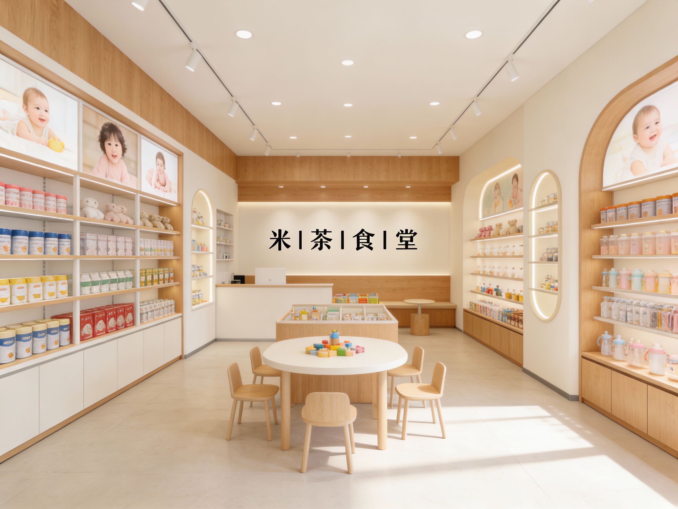设计店内空间效果图，展示母婴用品陈列区、亲子互动区、品牌展示区、墙面装饰艺术插画或温馨色调摄影，运用木质材质搭配#米白材质（将参考图中的LOGO保持一致）融入店铺背景墙，光线明亮且富有温馨感，突出空间简约自然与舒适质感。