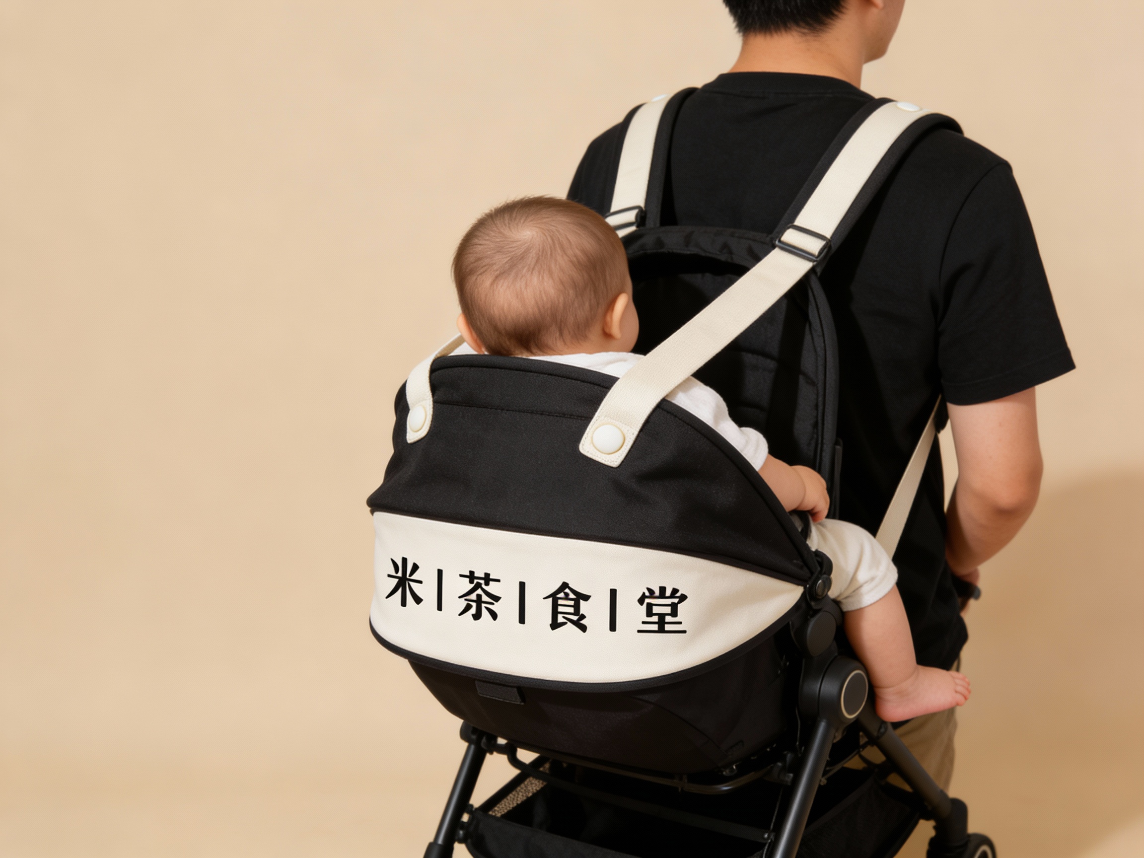 一个人背着婴儿推车，  #米白肩带点缀（将参考图中的LOGO保持一致性不要变形）在推车上清晰可见，营造时尚、有品牌主色的纯色背景 。