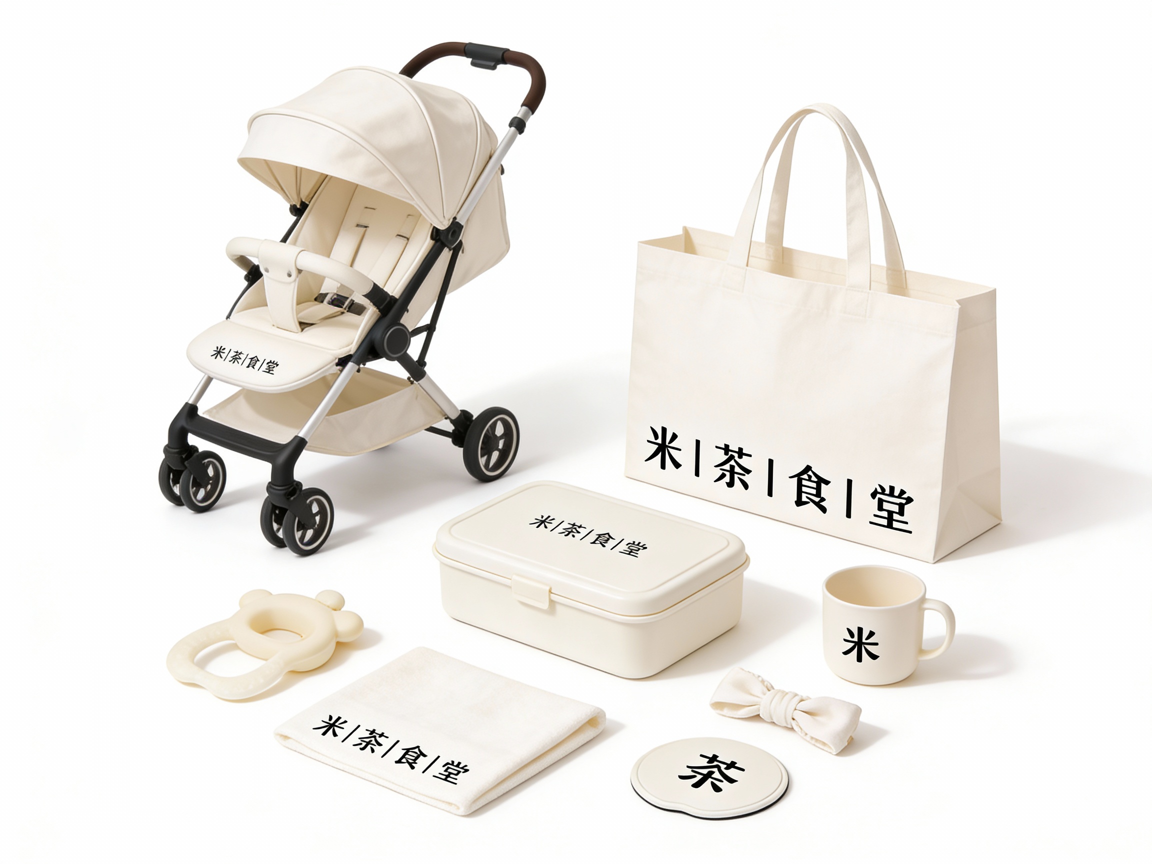 设计母婴用品及产品平铺拍摄图，包含婴儿推车、手提袋、收纳盒、安抚巾、发带、杯垫等，（将参考图中的LOGO 保持一致不要出现变形）延续#米白在各产品上清晰展示，色彩统一，光影柔和，呈现高级整洁感。