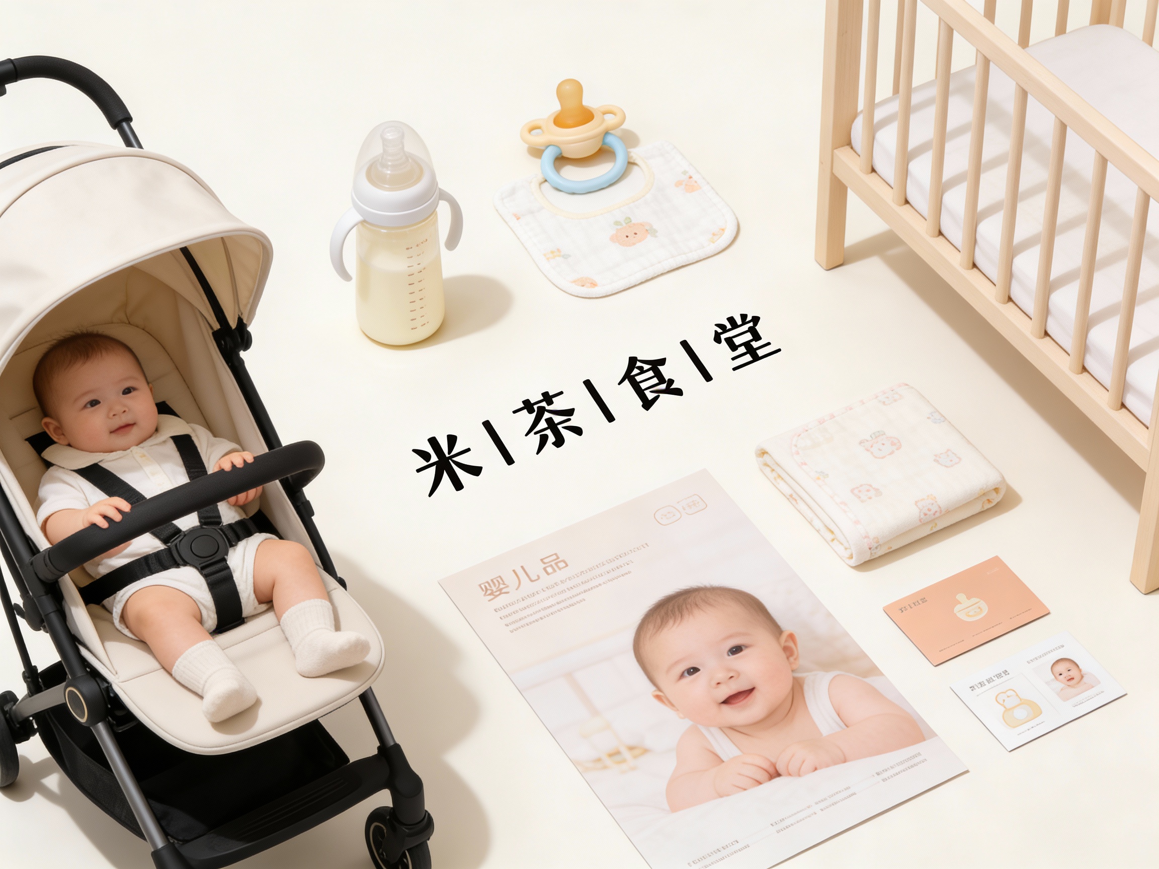 生成母婴用品及产品展示图，品牌VI展示，（将参考图中的LOGO保持一致）#米白它包括婴儿推车、奶瓶、安抚巾、婴儿床品、印刷海报、产品卡片简单的背景、平面布局和精致美学、高分辨率摄影、高质量细节、顶级商业表现形式延续#米白，（将参考图中的LOGO保持一致不要出现变形）在相应载体上合理呈现，突出母婴用品及品质感与品牌形象。