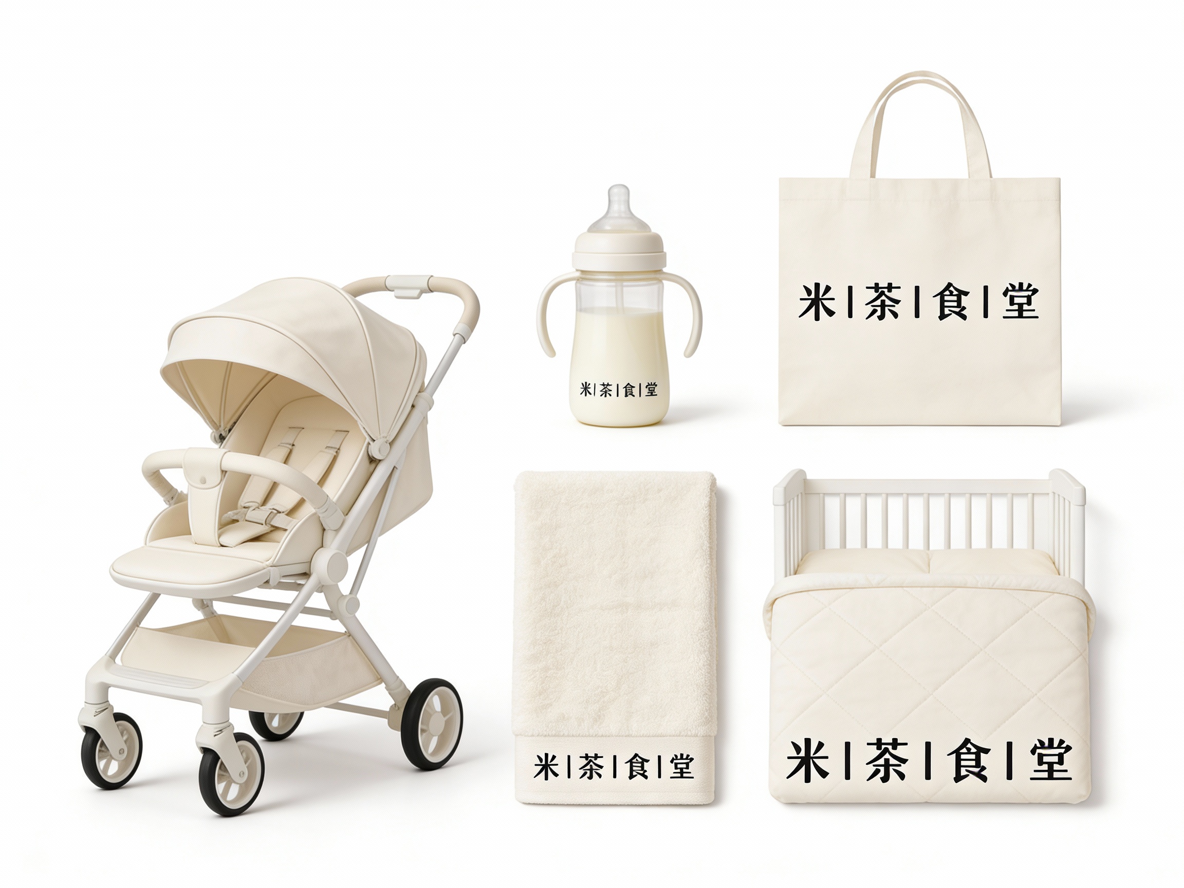 生成品牌周边展示图，如婴儿推车、奶瓶、毛巾、手提袋、婴儿床品等，（将参考图中的LOGO 保持一致不要出现变形）延续#米白在各周边产品上合理呈现，延续品牌主色，造型极简高级