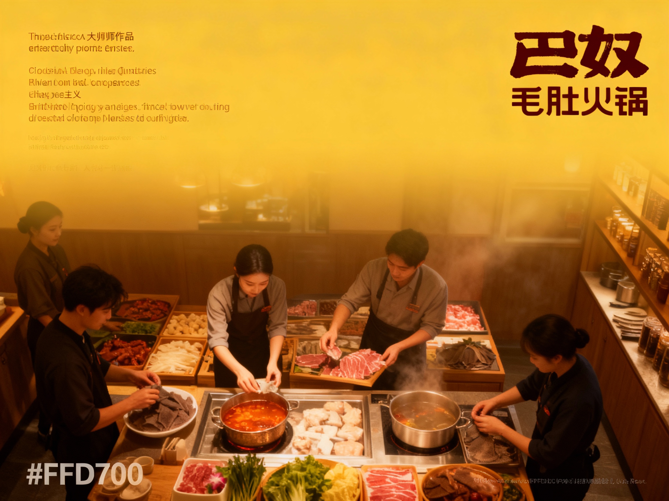 设计品牌宣传海报，画面干净，（将参考图中的LOGO ）位于左上角或右上角（根据实际情况设置），大师作品，电影海报，超高质量，超精细，高级英文排版，摄影，暖光光效，朦胧，俯视，远景，精致，简单，大面积留白，背景是火锅店员整理食材的景象，温馨感，超现实主义+精致主义 + 简单色块+柔和配色+ 摄影艺术 + 细节丰富+ 封面美学 +延续#FFD700品牌主色背景+电影级照明，4k高清，排版简洁有视觉冲击力，符合社交平台分享特性。