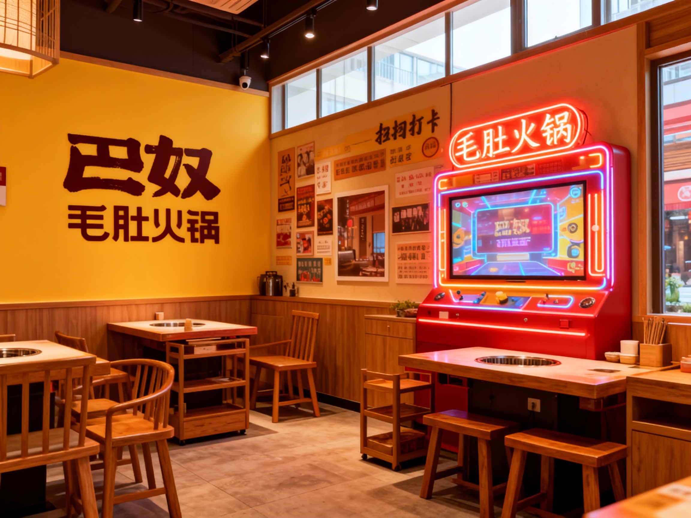 生成品牌体验区或火锅店内场景，展示品牌互动装置或店内拍照打卡点，（将参考图中的LOGO及品牌色配色）融入场景装修或物件，环境温馨有质感，光线自然通透。