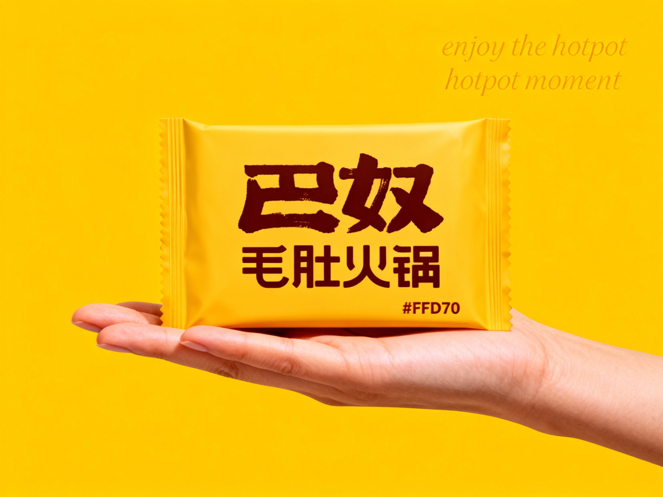 火锅门店促销海报，以提供的主色调为背景底色，奠定温暖且具质感的视觉基调。画面核心视觉为一只肤色自然的手，端着一只带有品牌特色装饰（将参考图中的LOGO）在火锅食材（例如毛肚）包装（将参考图中的LOGO 保持一致不要出现变形）延续#FFD700品牌主色上清晰可见，手和火锅食材包装比例协调，包装简约无过多装饰，与背景形成鲜明色彩呼应，成为视觉焦点。海报上方，右侧用轻盈的英文书写 “enjoy the hotpot moment” ，营造轻松邀请氛围 。文字排版规整，信息清晰易读，整体风格简约直接，精准传递火锅门店温馨、美味且注重品质的品牌形象 。