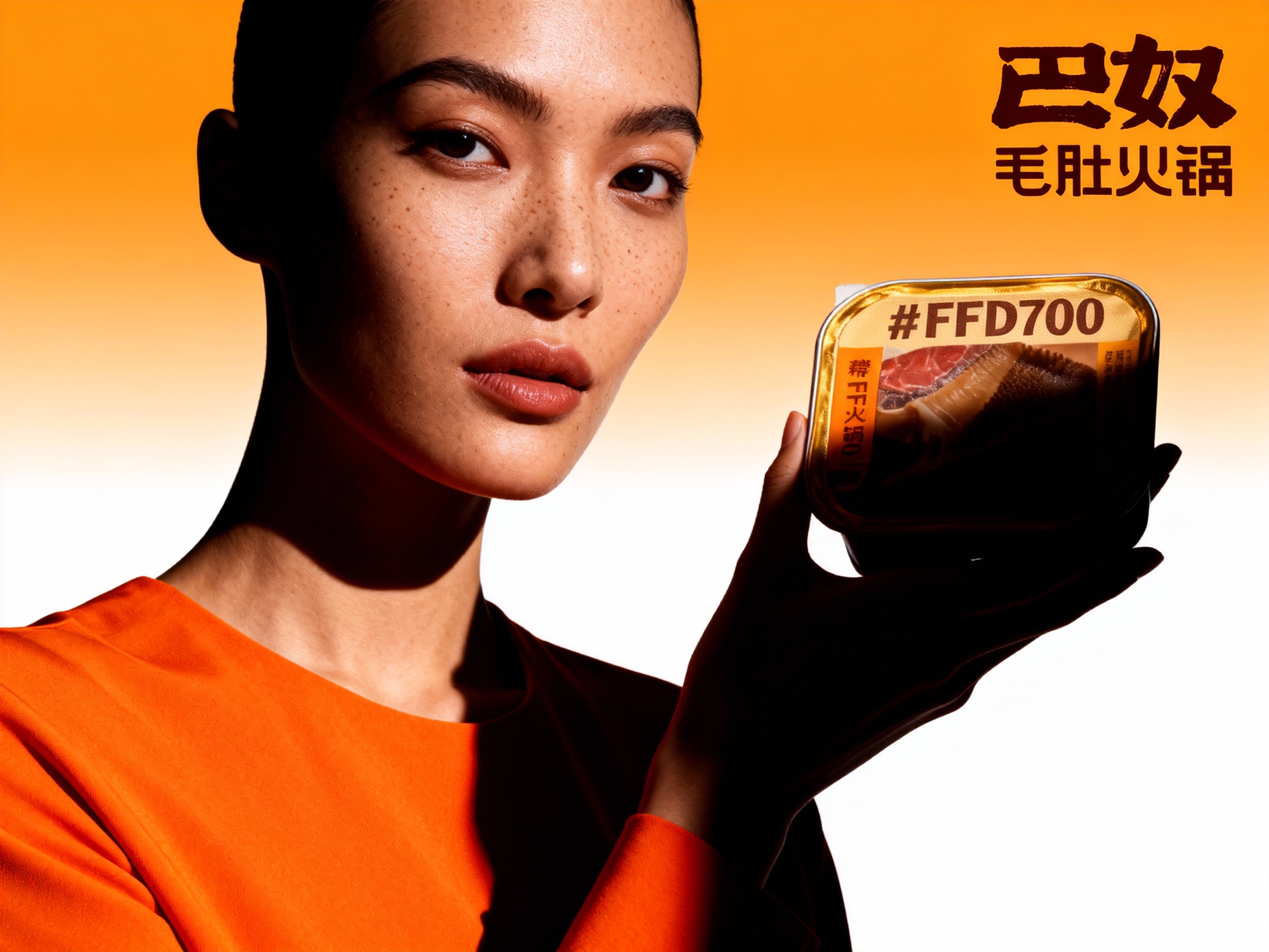 设计品牌海报，时尚剪影摄影风格，时尚大片，一个模特，穿着时尚#FFD700品牌主色服装手拿带有（将参考图中的LOGO）#FFD700品牌主色包装的精致火锅食材产品，（将参考图中的LOGO）位于左上角或右上角（根据实际情况设置不要遮挡人物），清晰的毛孔，肌肤真实细节，产品剪影，品牌色向白色渐变背景，特写镜头，平视视角，高清分辨率，高细节