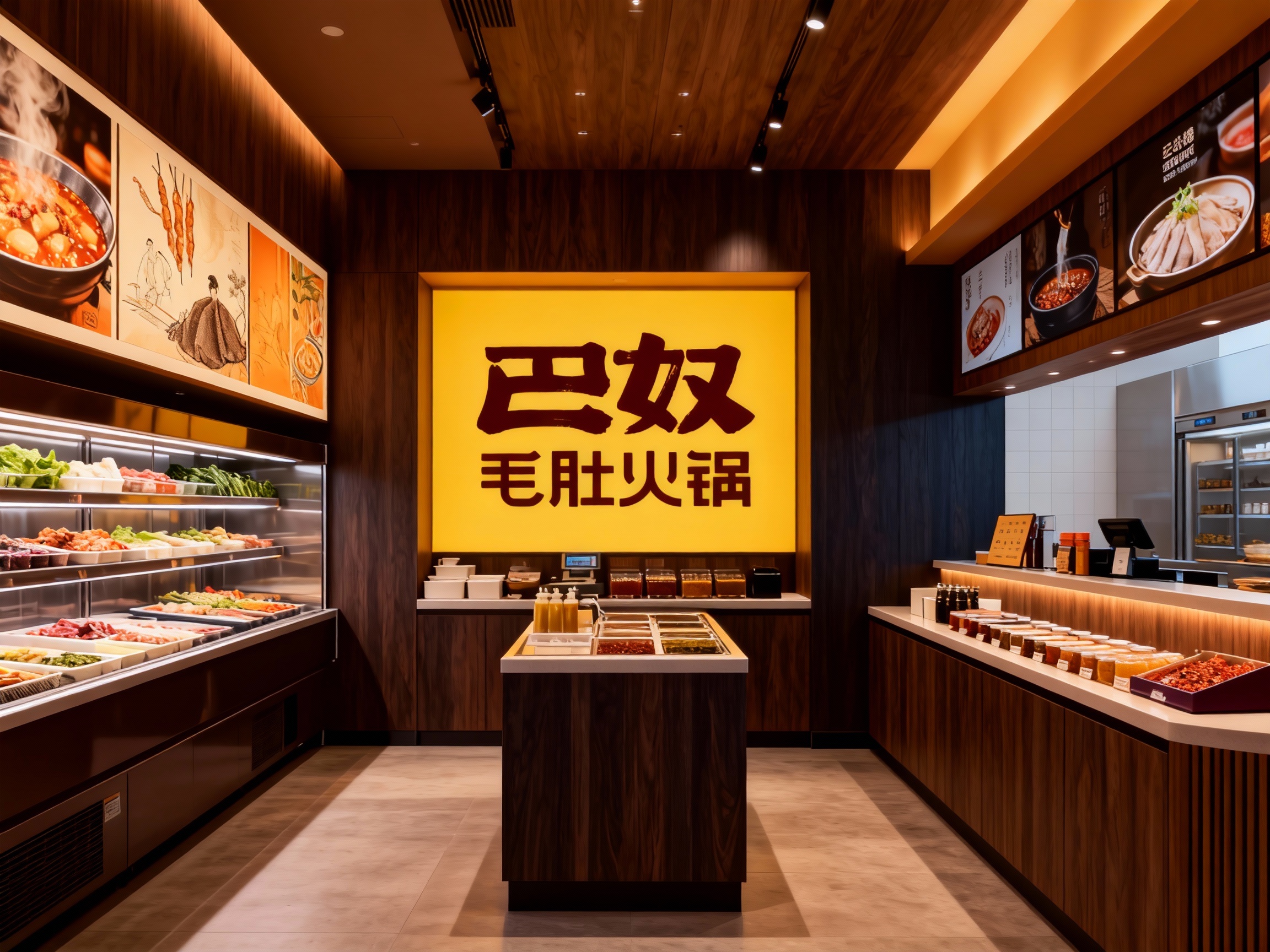 设计店内空间效果图，展示火锅食材陈列区、调料售卖区、品牌展示区、墙面装饰艺术插画或暖色调摄影，运用深色原木搭配#8B4513材质（将参考图中的LOGO保持一致）融入店铺背景墙，光线温暖柔和，突出空间极简时尚与精致质感。