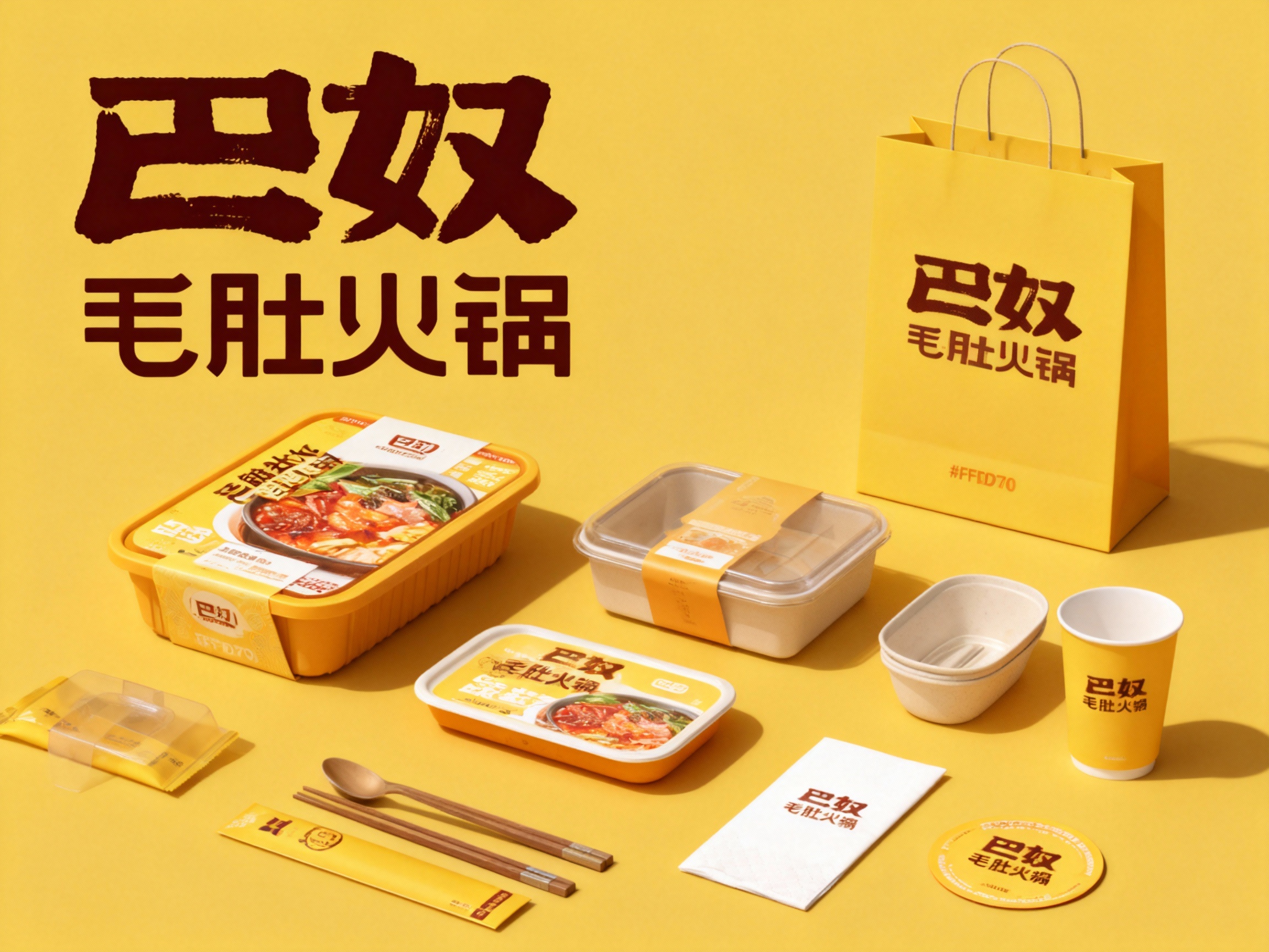 设计火锅食材及用品平铺拍摄图，包含火锅底料盒、手提袋、打包盒、餐具包装、餐巾纸、杯垫等，（将参考图中的LOGO 保持一致不要出现变形）延续#FFD700品牌主色在各产品上清晰展示，色彩统一，光影柔和，呈现高级整洁感。