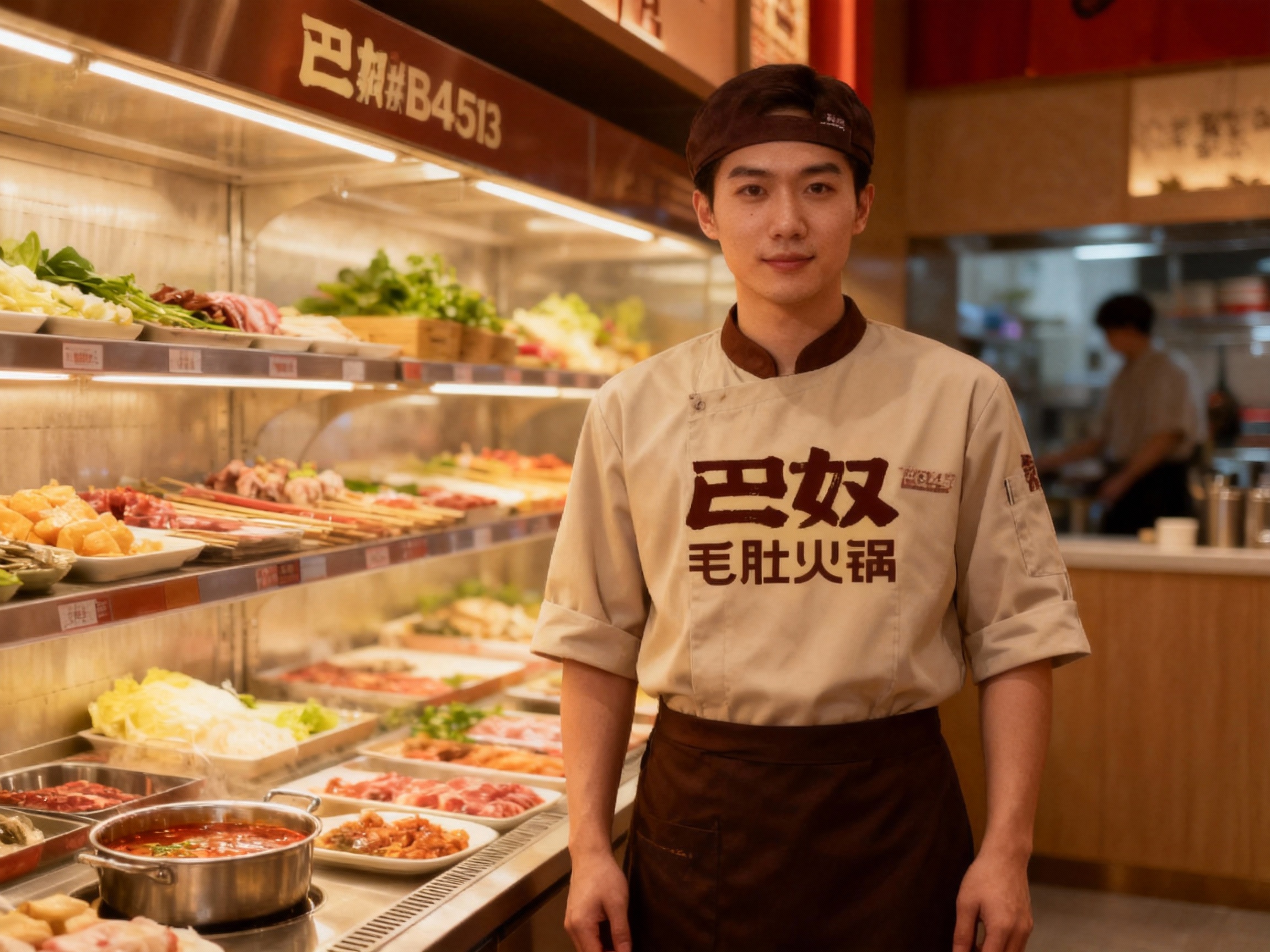 生成员工形象展示图，员工穿着#8B4513品牌主工作服，（将参考图中的LOGO）在工作服上清晰可见，员工站在火锅食材陈列区或店内（空间保持品牌一致性），姿态自然，光线柔和。