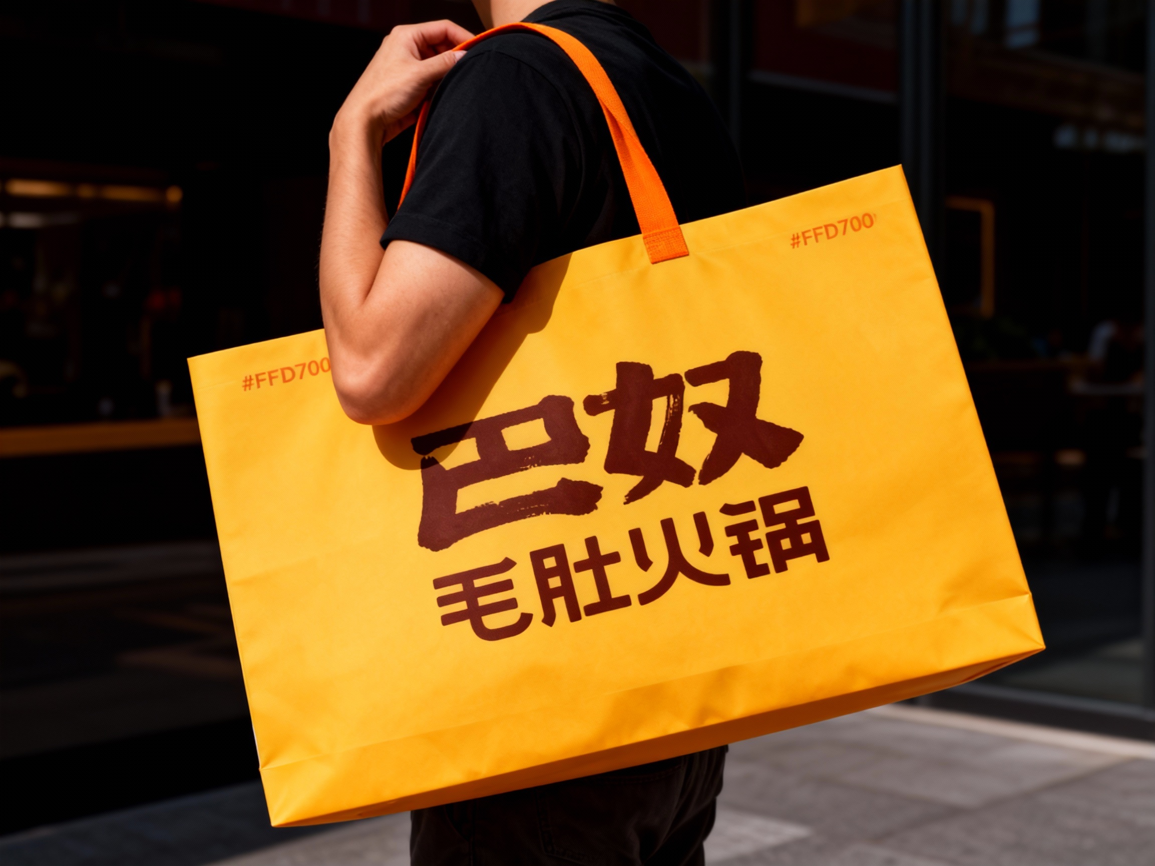 一个人背着#FFD700品牌主色手提袋，品牌色肩带点缀（将参考图中的LOGO保持一致性不要变形）在手提袋上清晰可见，营造时尚、有品牌标识性的氛围，可展示潮流品牌的手提袋设计及实际使用效果 。